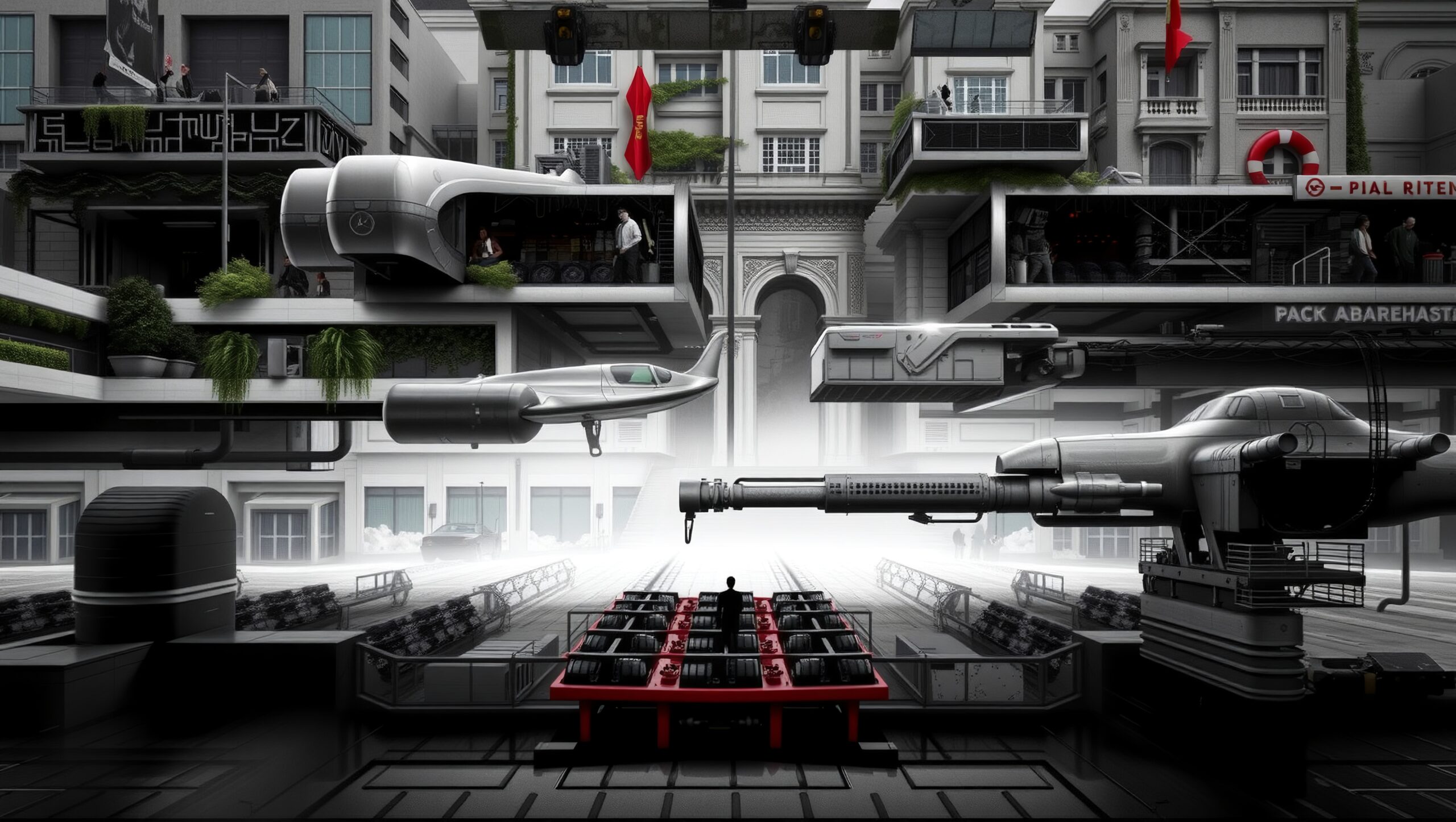 Futuristic cityscape with flying vehicles and lush greenery.