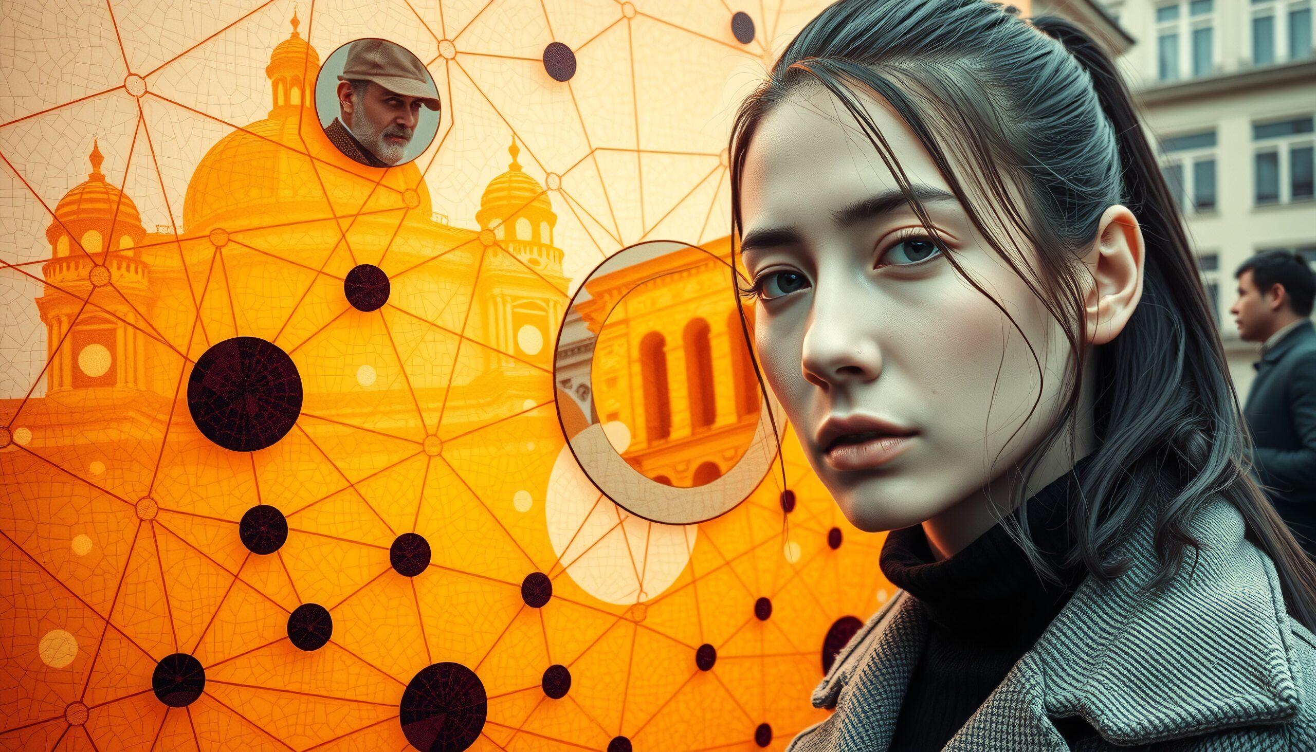 Young woman against geometric orange backdrop.