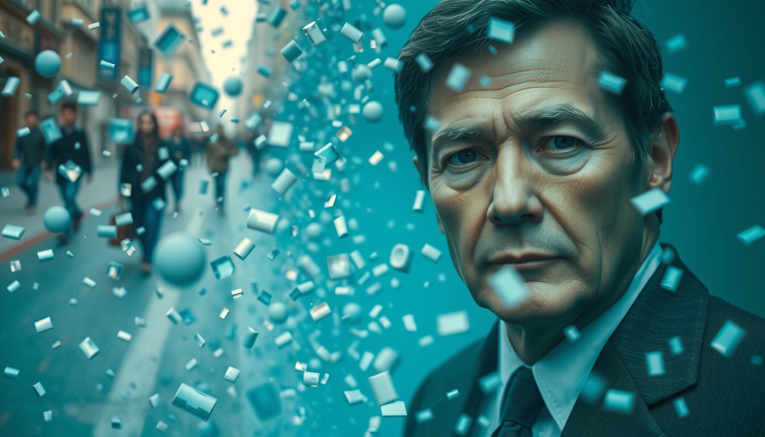 A detailed man amidst floating shapes in a cityscape.