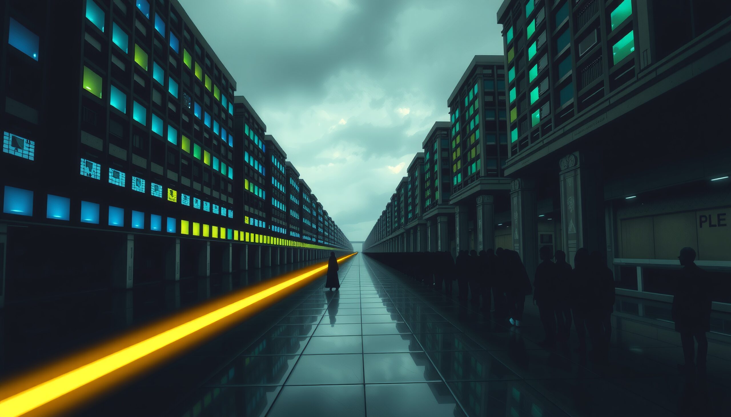 Futuristic cityscape with illuminated buildings and silhouetted figures along a reflective corridor.