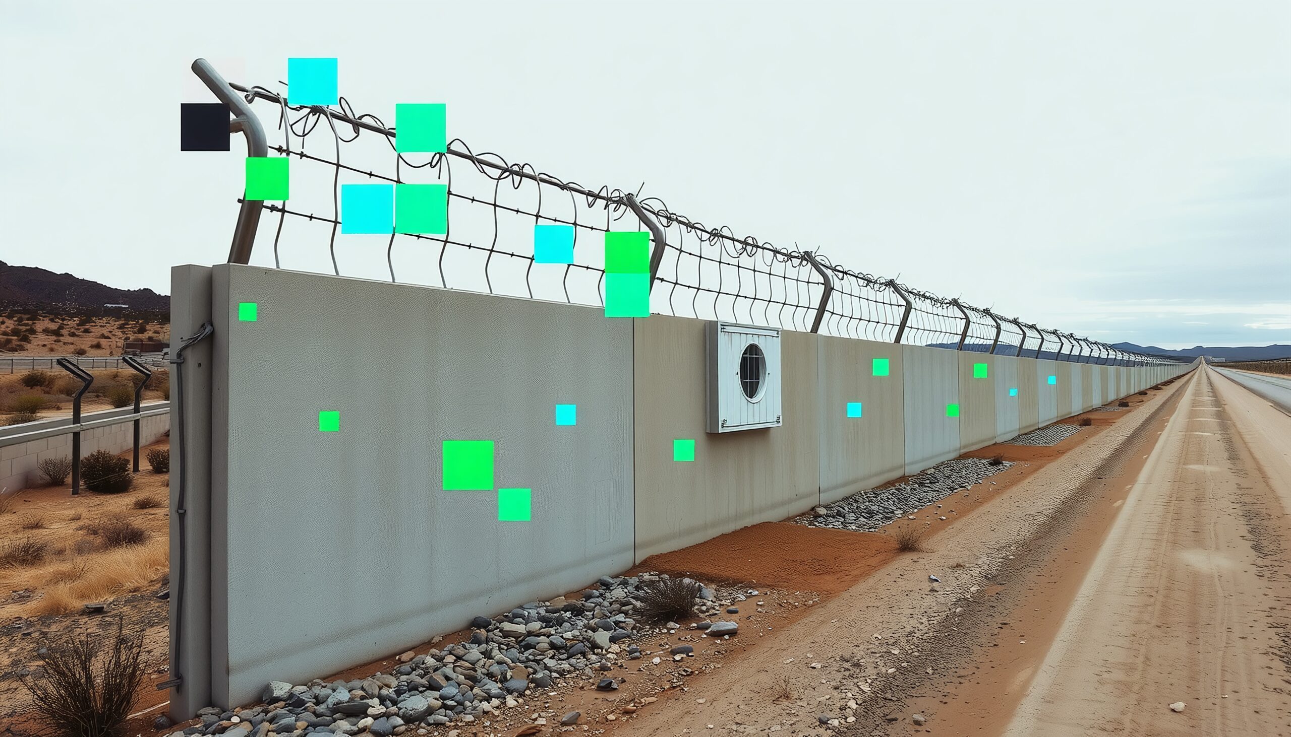Concrete wall with colorful digital squares in a desert landscape, featuring barbed wire on top.