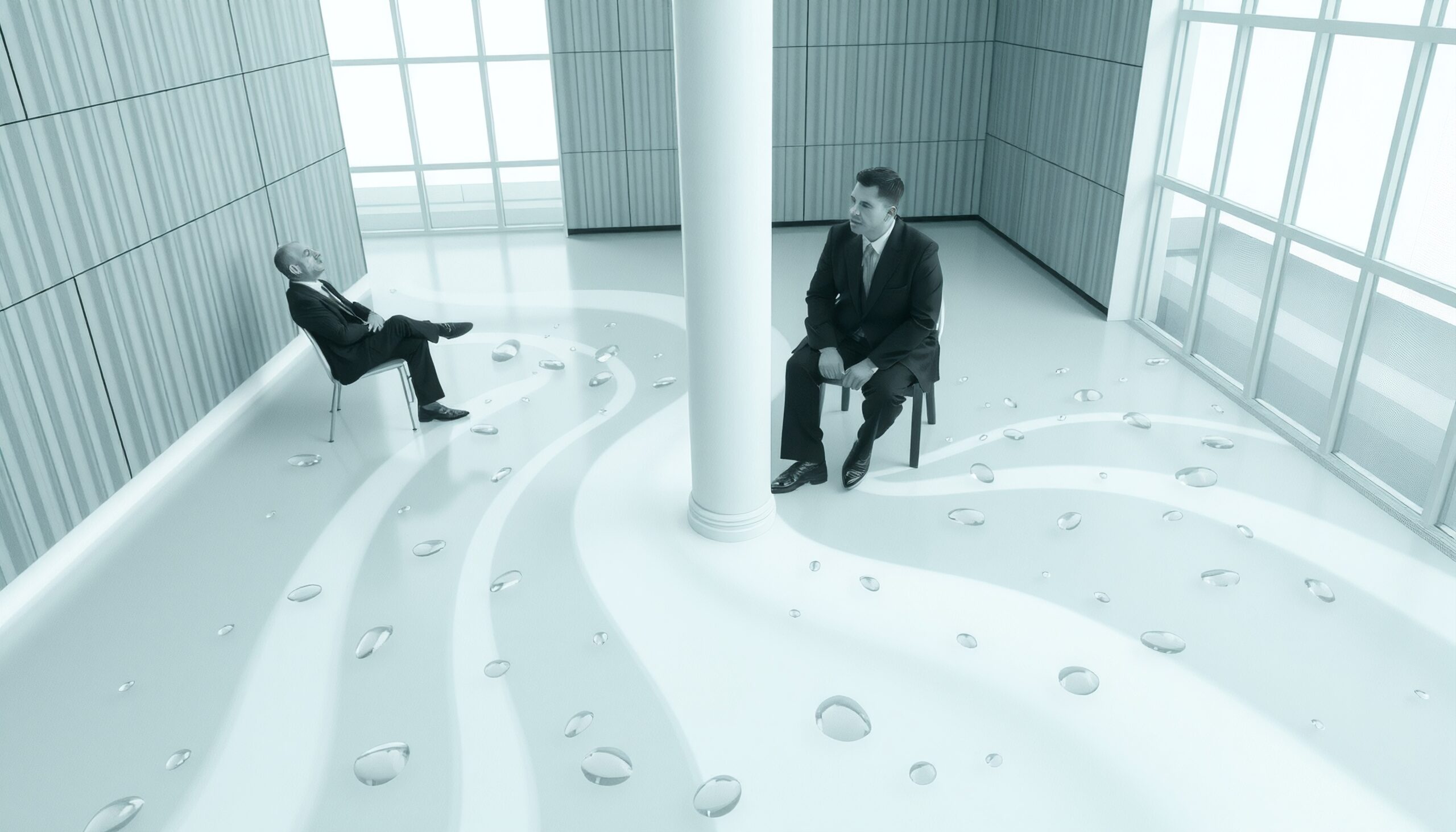 Two men seated in modern office with artistic water-inspired flooring design.
