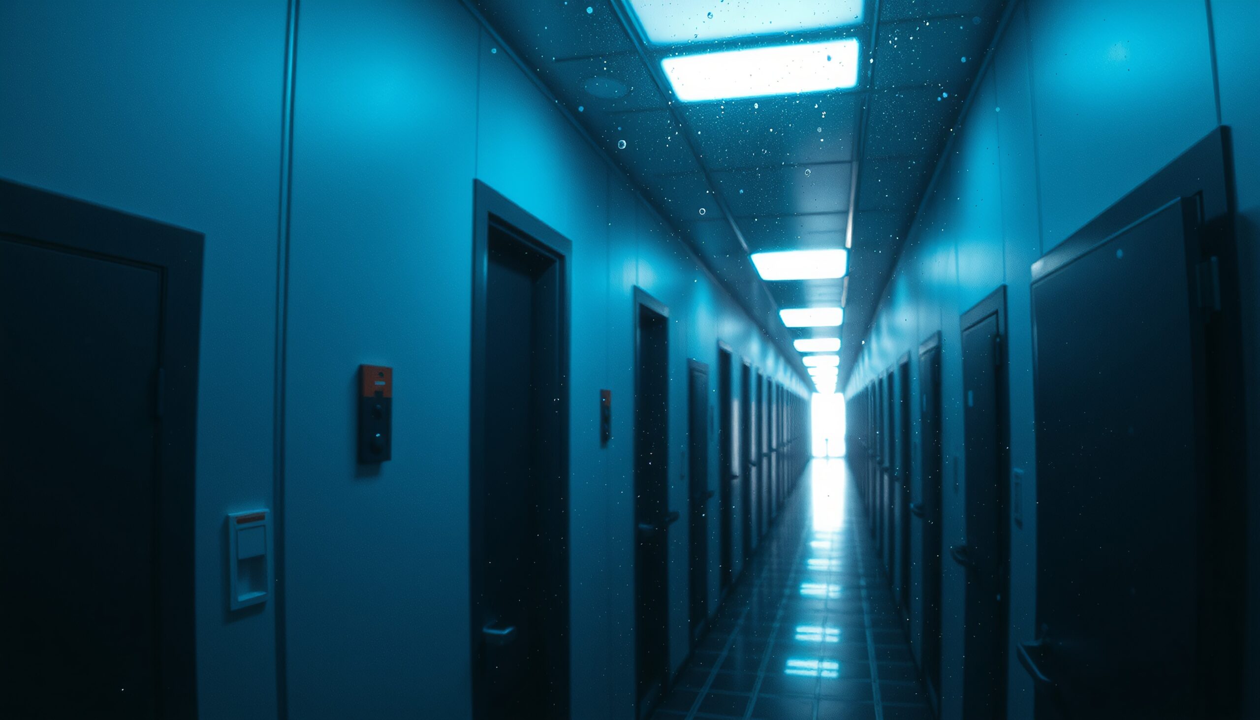 A long corridor with blue light and doors, creating an institutional atmosphere.