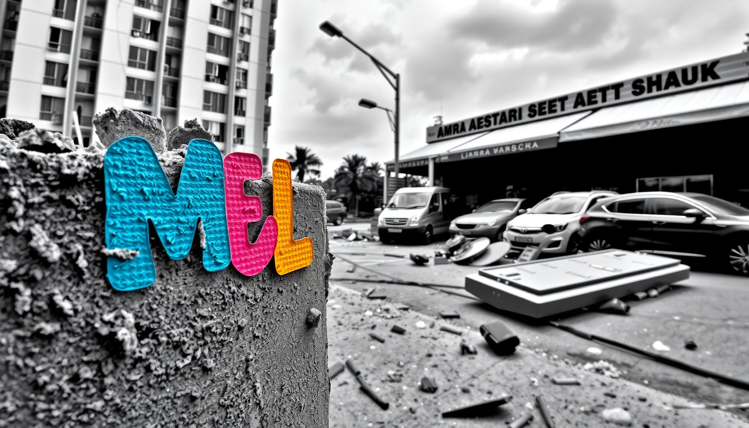 Image of a colorful “MEL” text on concrete with an urban backdrop.