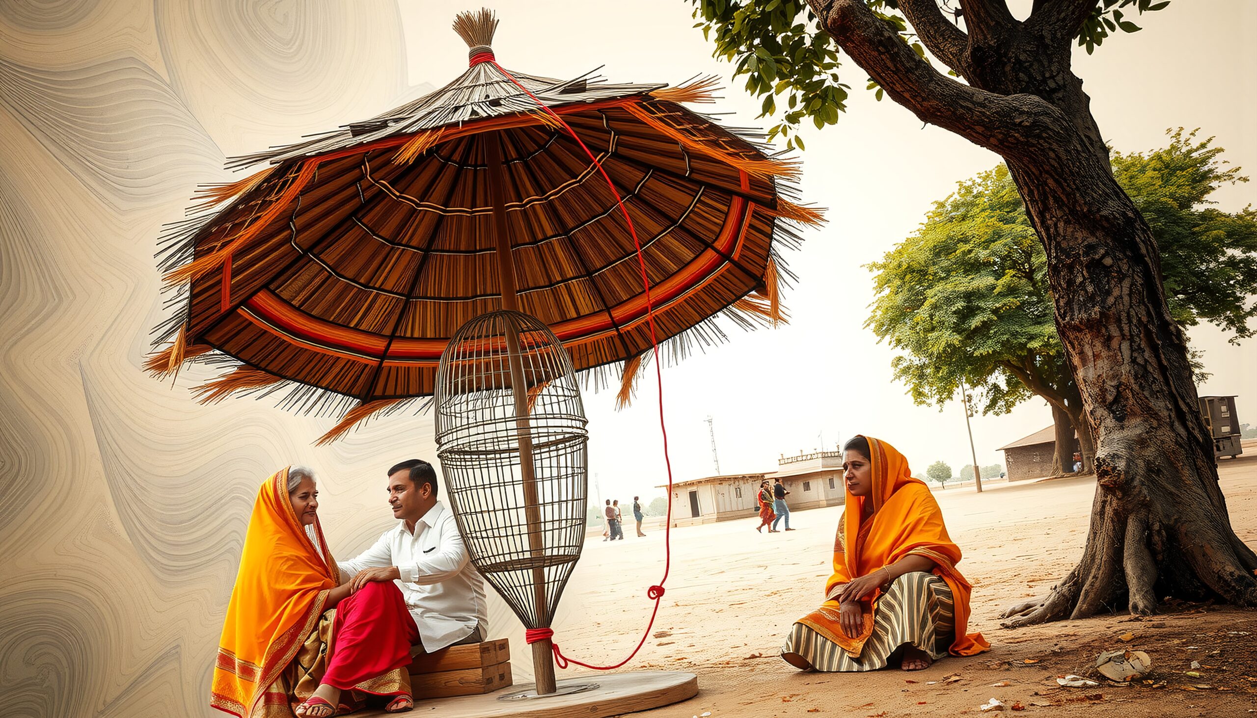Three people under colorful umbrella enjoying a peaceful conversation in a rural setting with traditional attire and natural scenery.