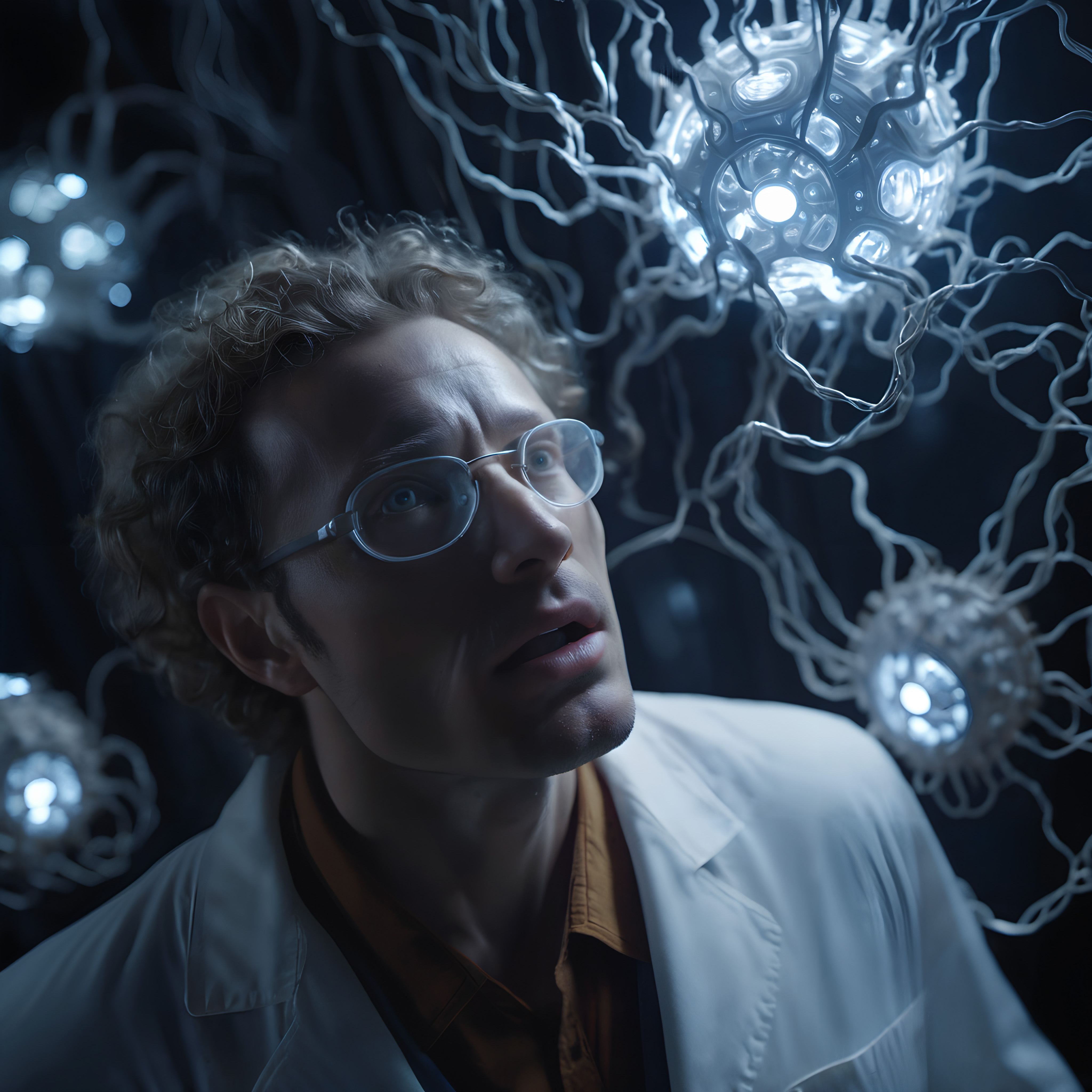 A man in a white lab coat gazes at glowing orbs connected by wires in a dark room.