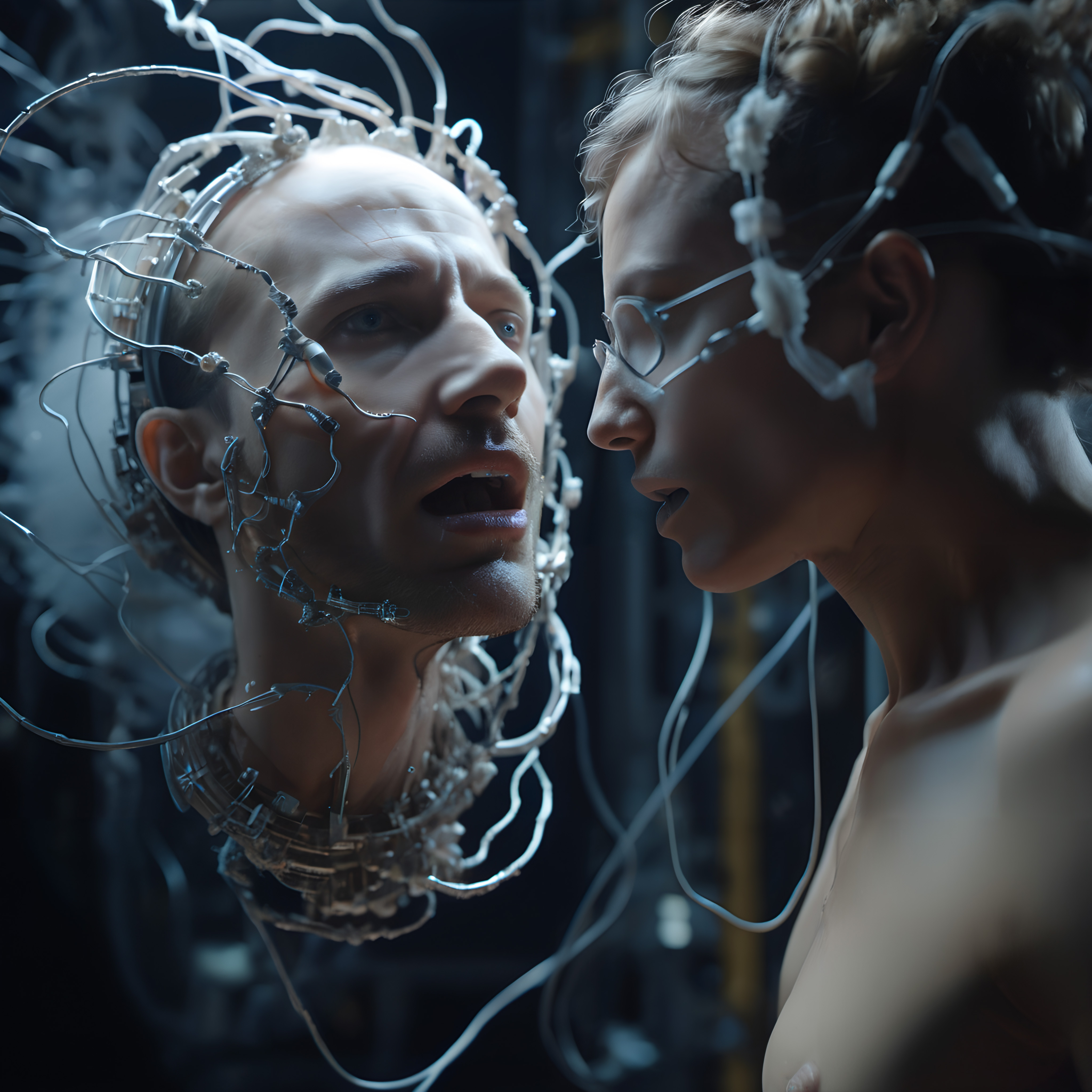 A futuristic scene of two figures connected by cables, exploring human-machine interaction and technology.