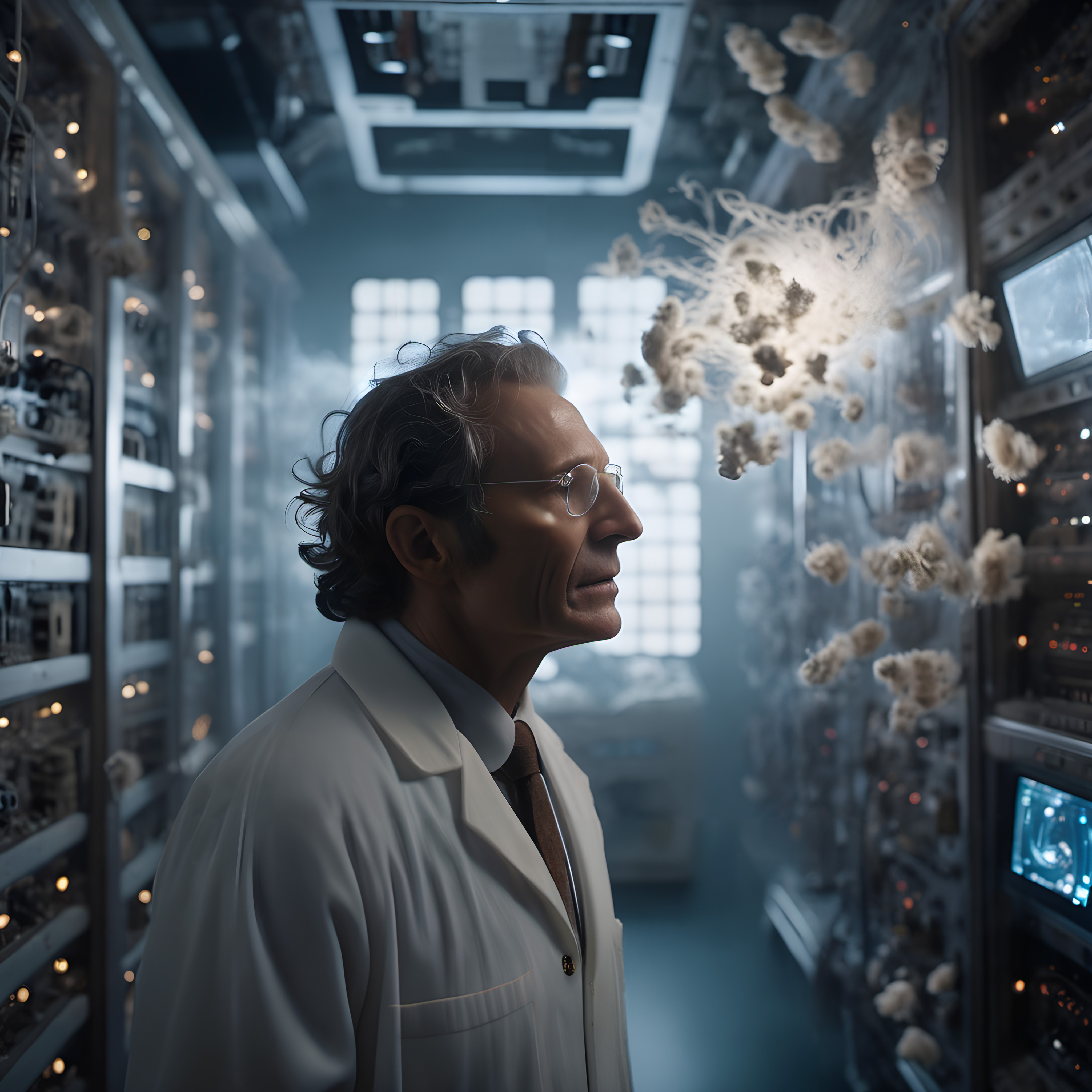 A scientist in a high-tech server room examines mysterious floating entities, blending technology and imagination.