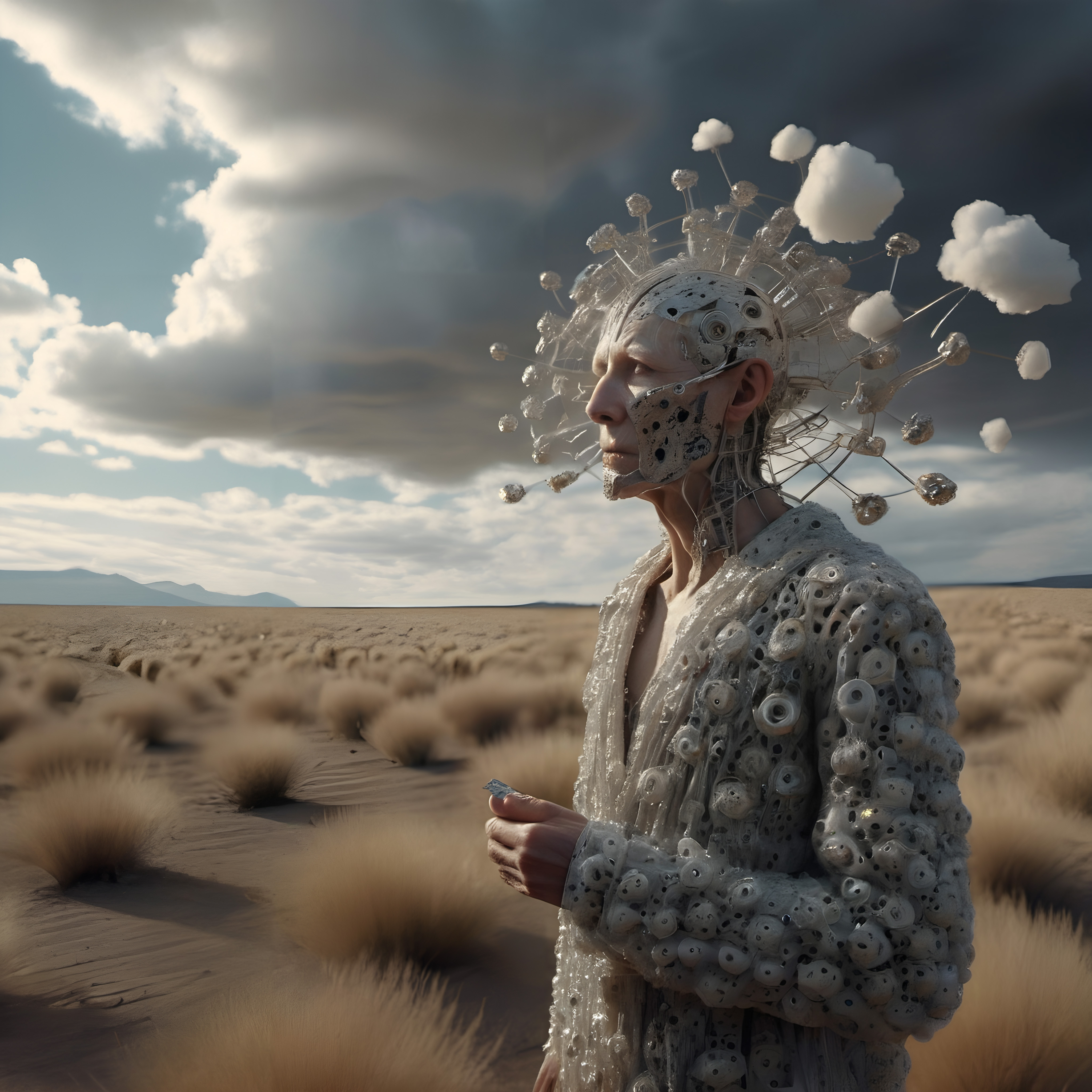 A futuristic figure in a desert landscape with intricate metallic attire and a cloud-adorned headpiece.