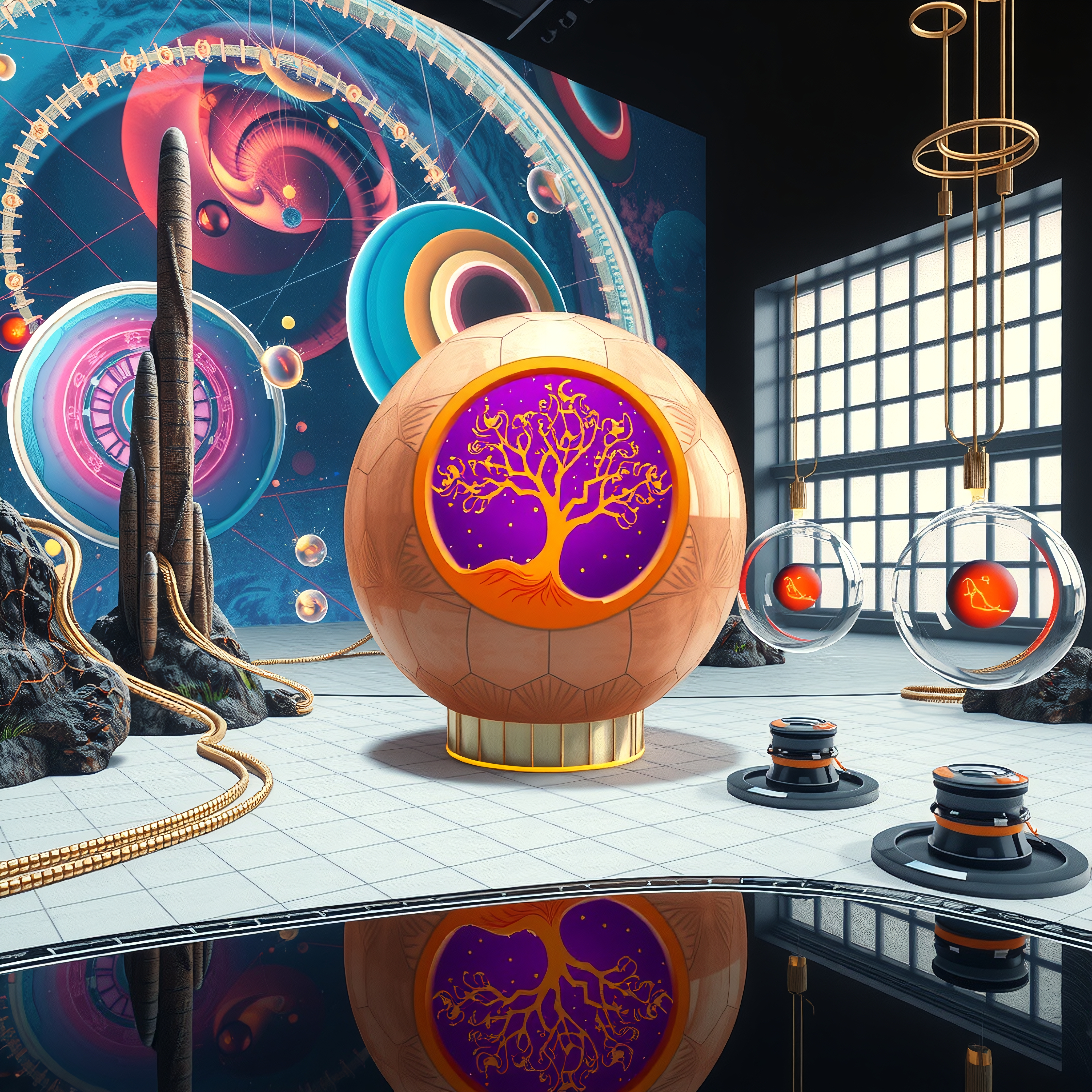Futuristic mural with cosmic spheres and tree design.