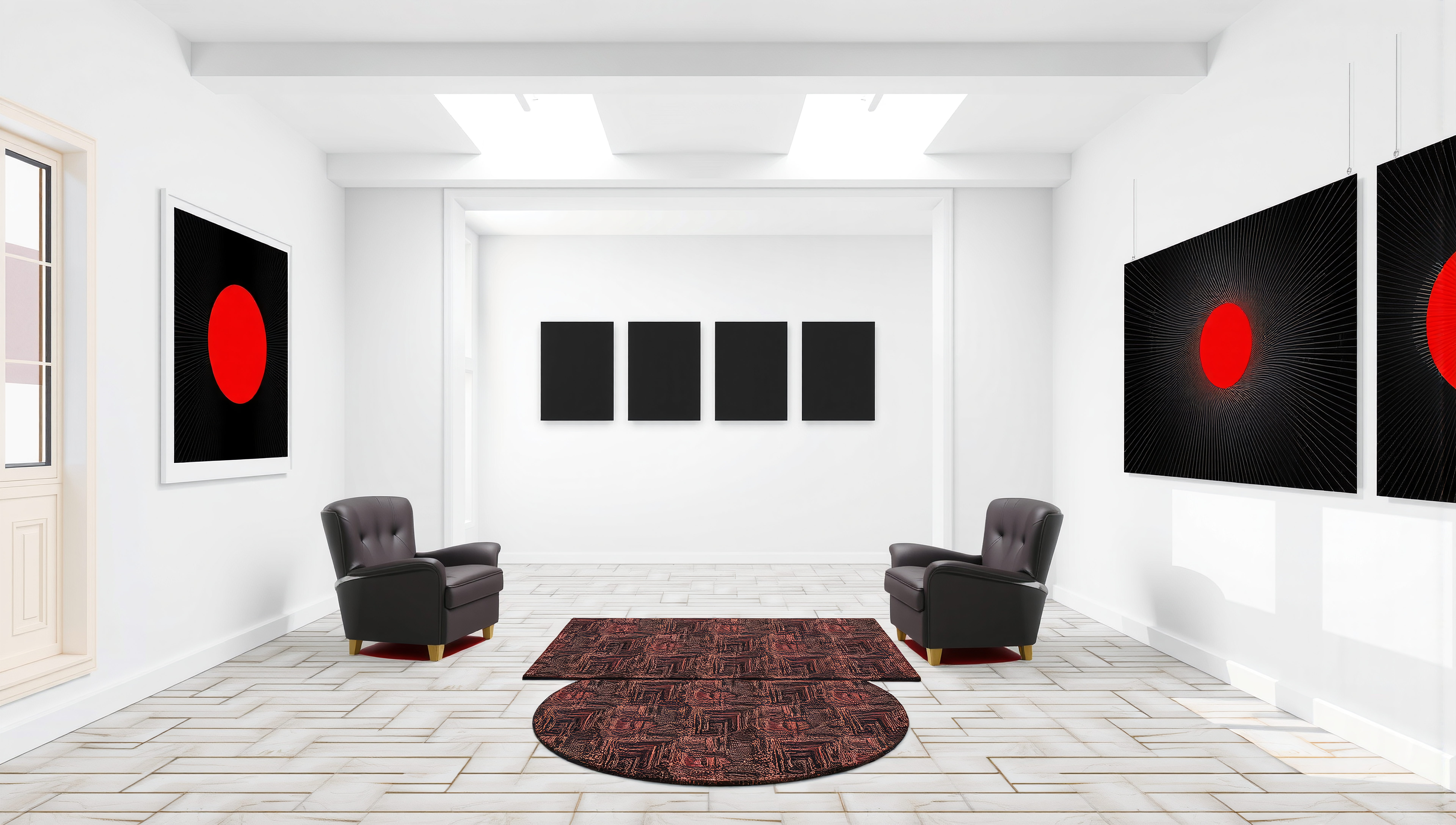 A modern art gallery with minimalist design, featuring bold abstract paintings, black leather chairs, and stylish rugs.