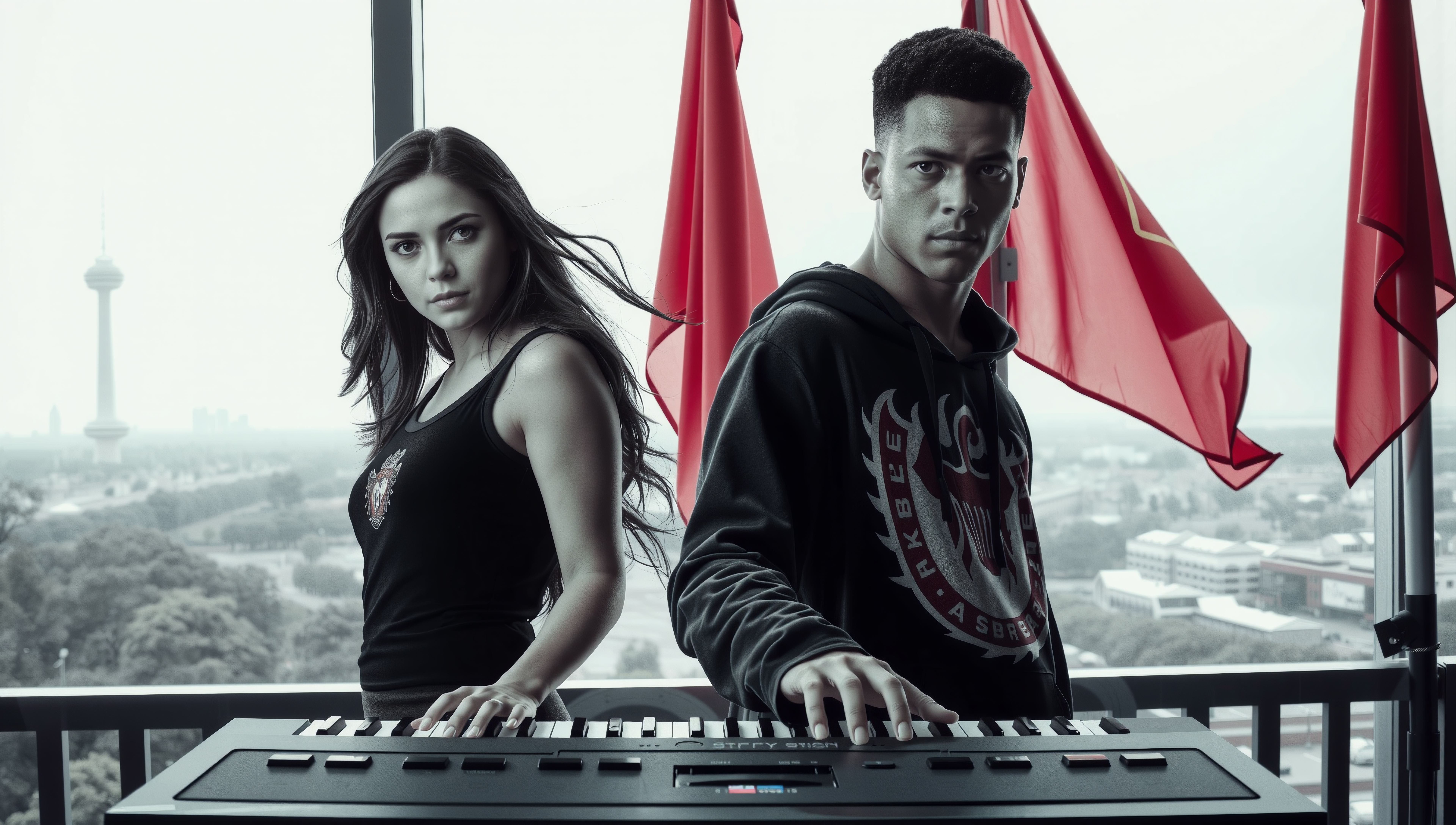 Two young musicians play keyboards with a modern city view.