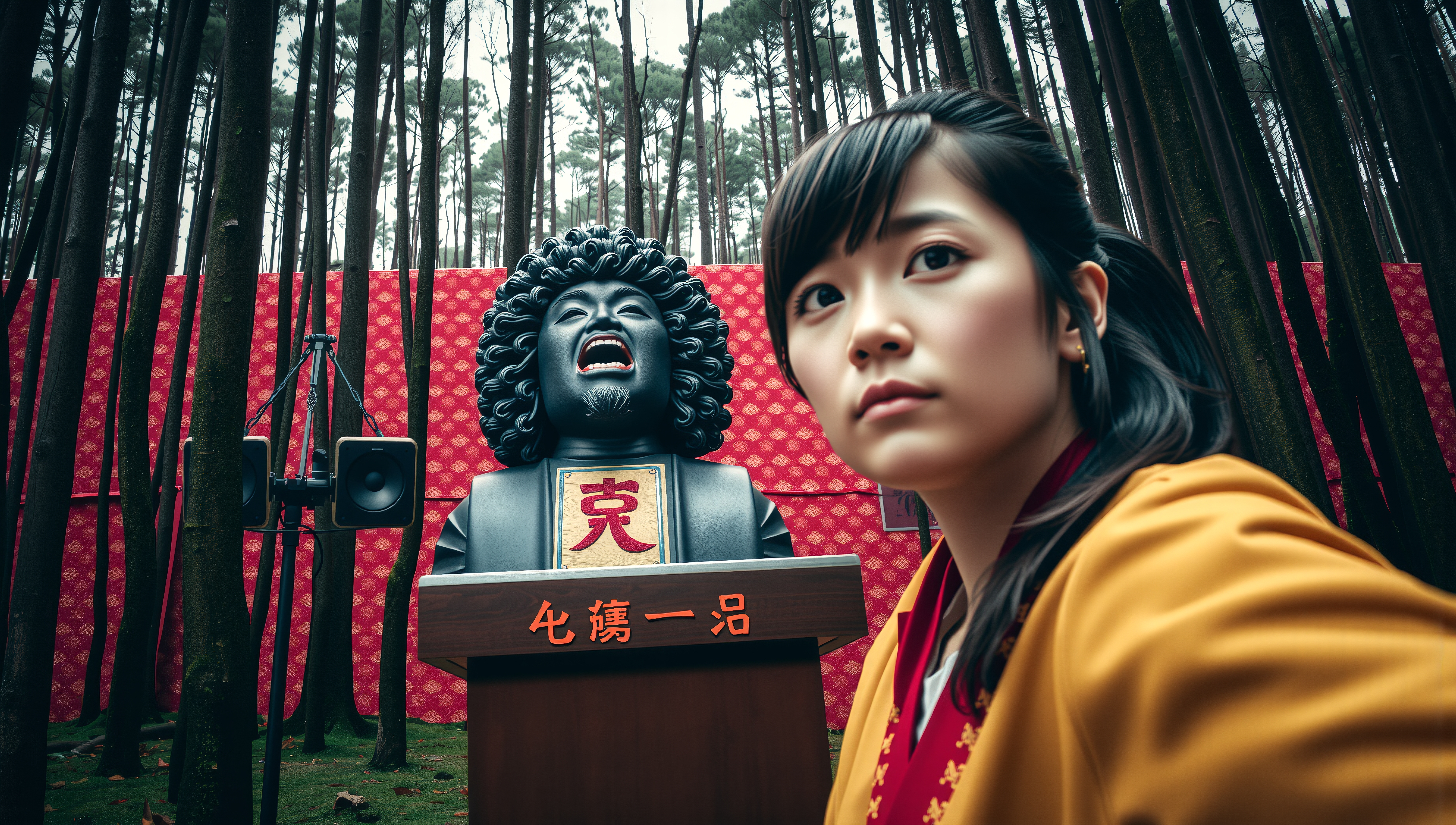 A woman poses with a dramatic statue in a forest installation.