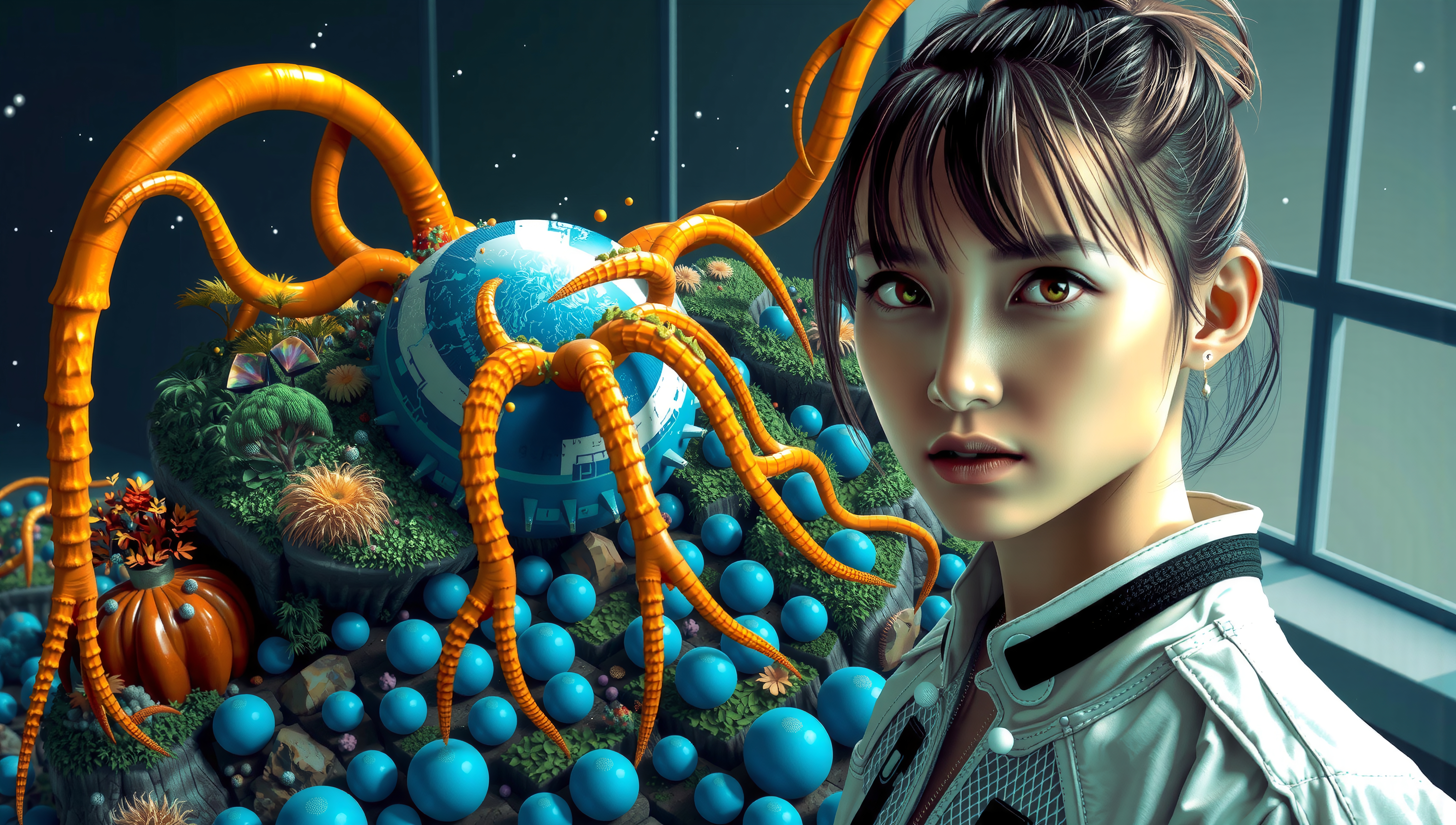 A young woman in a vibrant, surreal landscape with an orb and tentacles.