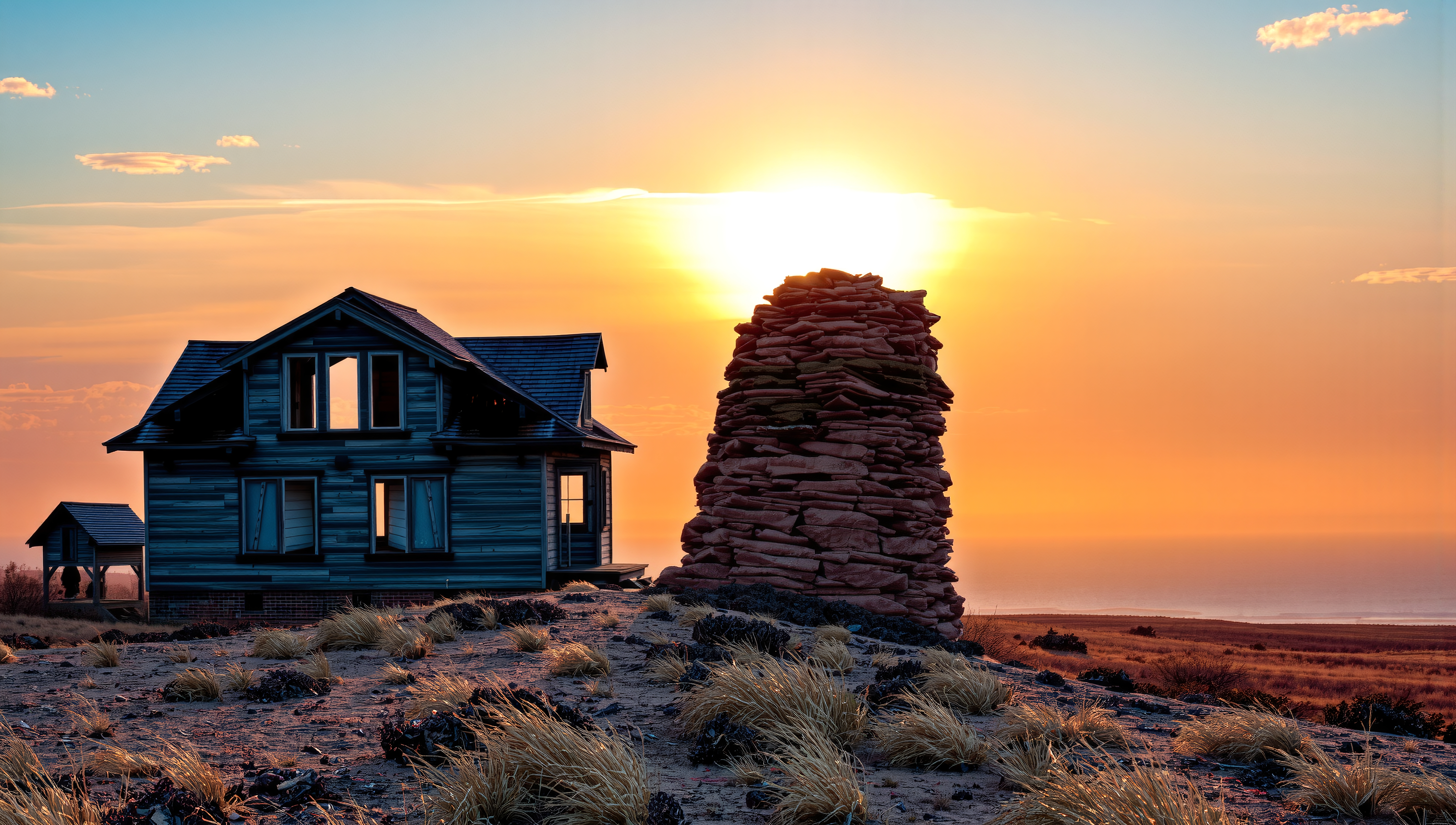 A rustic abandoned house and stone structure silhouetted against a vibrant orange and yellow sunset, set in a desolate landscape.