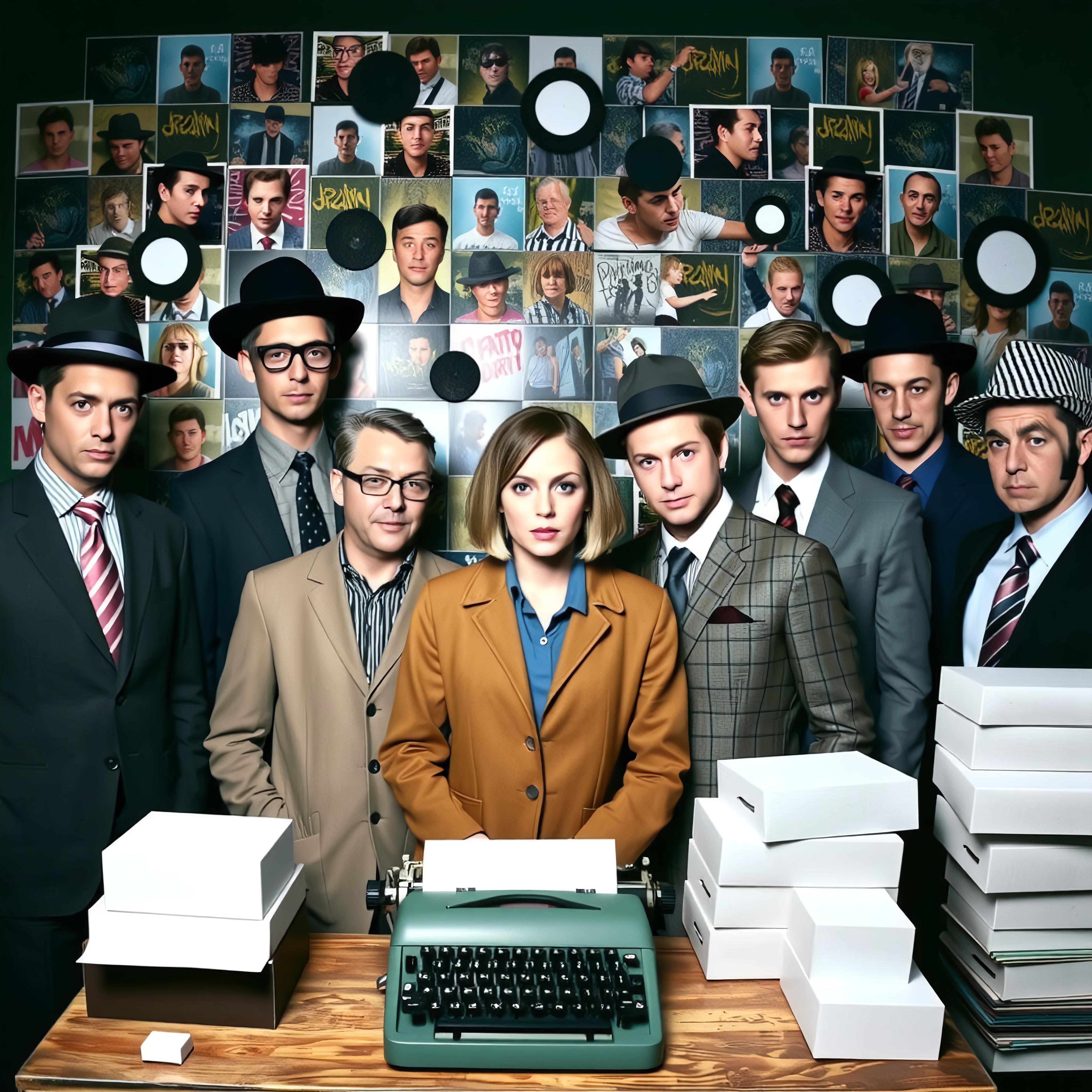 A group in retro attire poses in front of a wall filled with vintage photos and records, conveying a mysterious vibe.