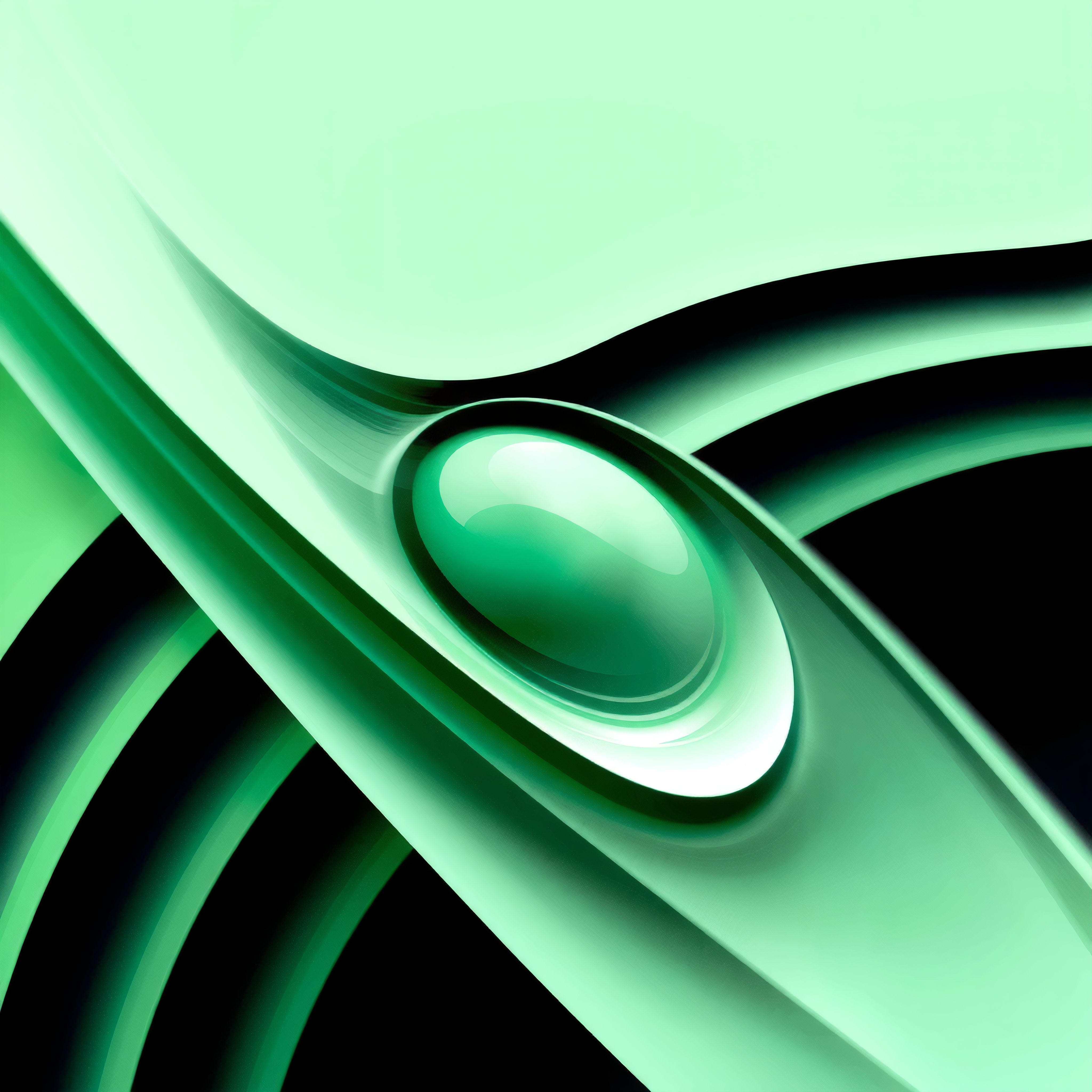 Abstract green design with central glossy oval element and flowing lines.