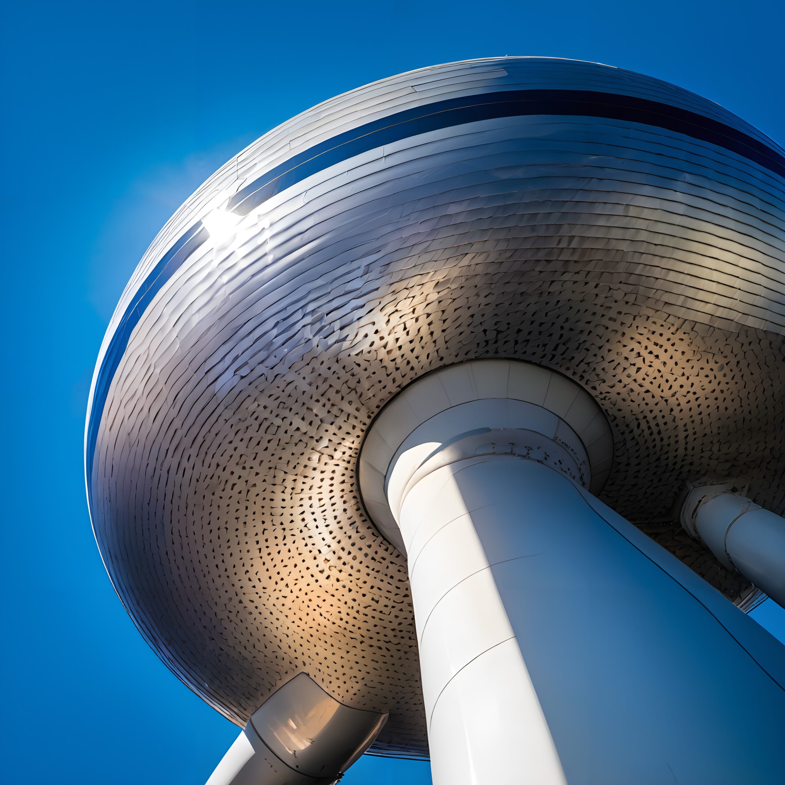 A futuristic water tower with metallic finish reflecting sunlight against a clear blue sky, supported by cylindrical pillars.