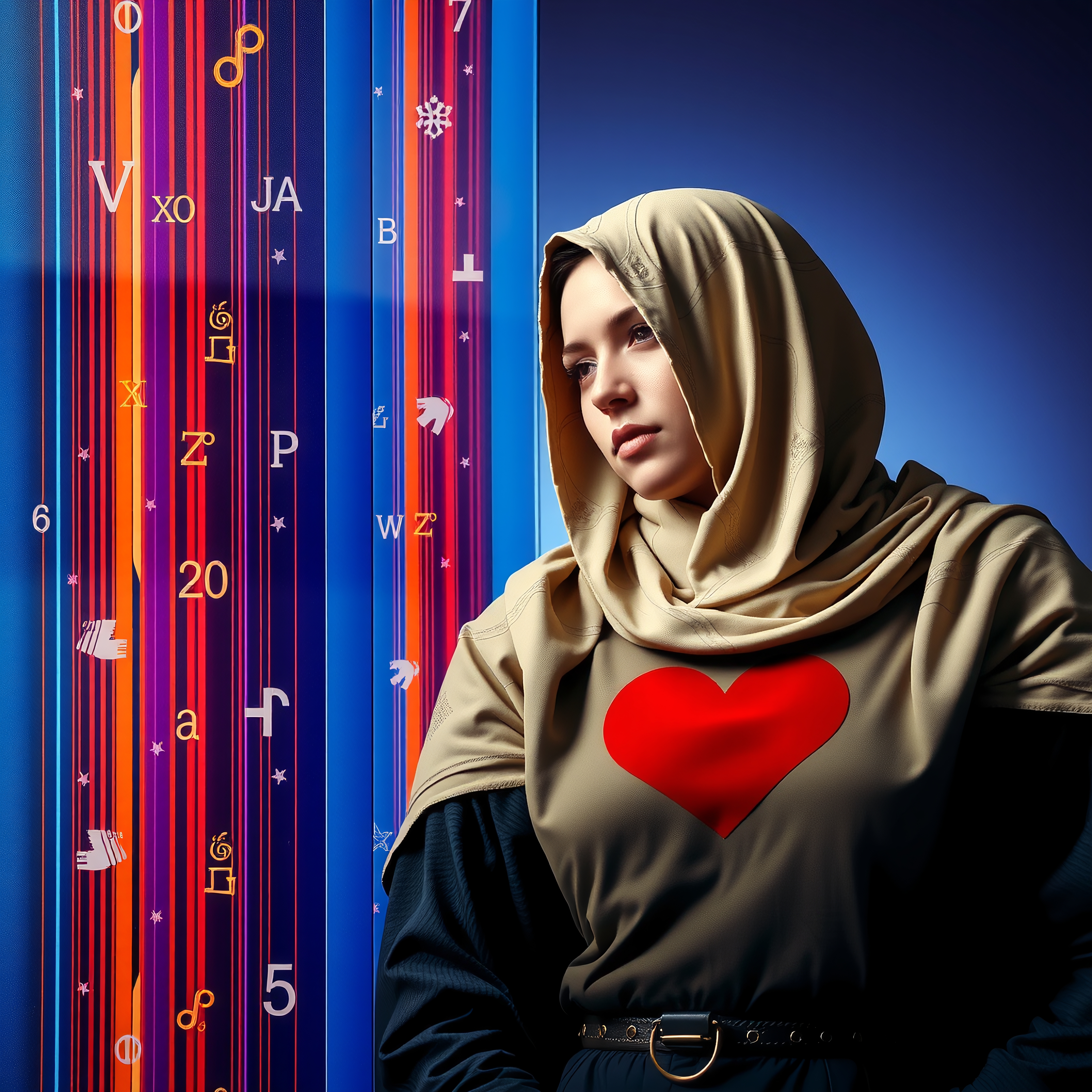 A woman in a headscarf stands against a symbol-filled backdrop with a heart, evoking a modern and reflective mood.