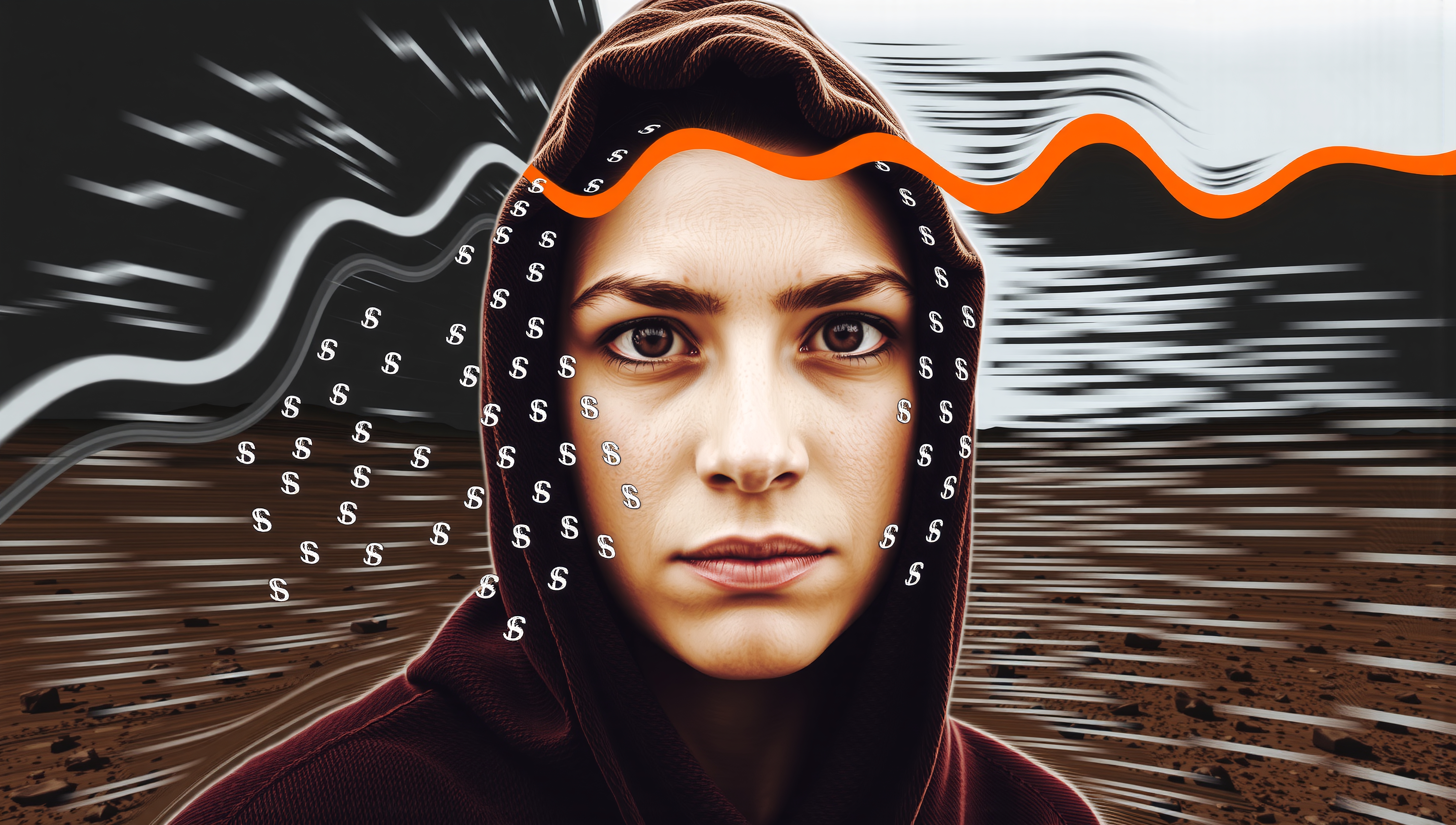 A young person in a hooded garment looks intensely at the viewer amidst abstract patterns and floating dollar signs, suggesting themes of wealth and movement.