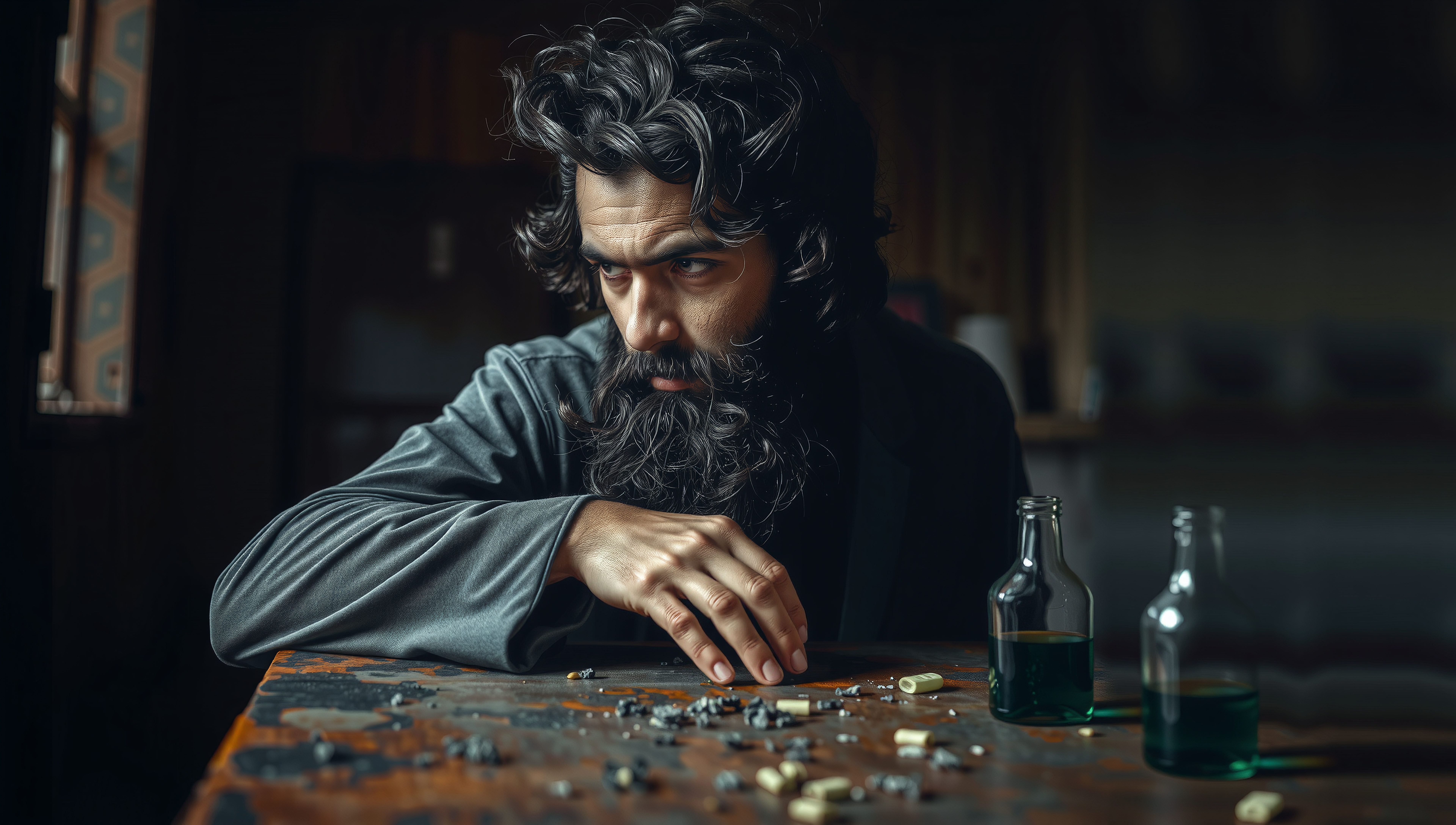 A man with a beard sits pensively at a table covered with pills and bottles.