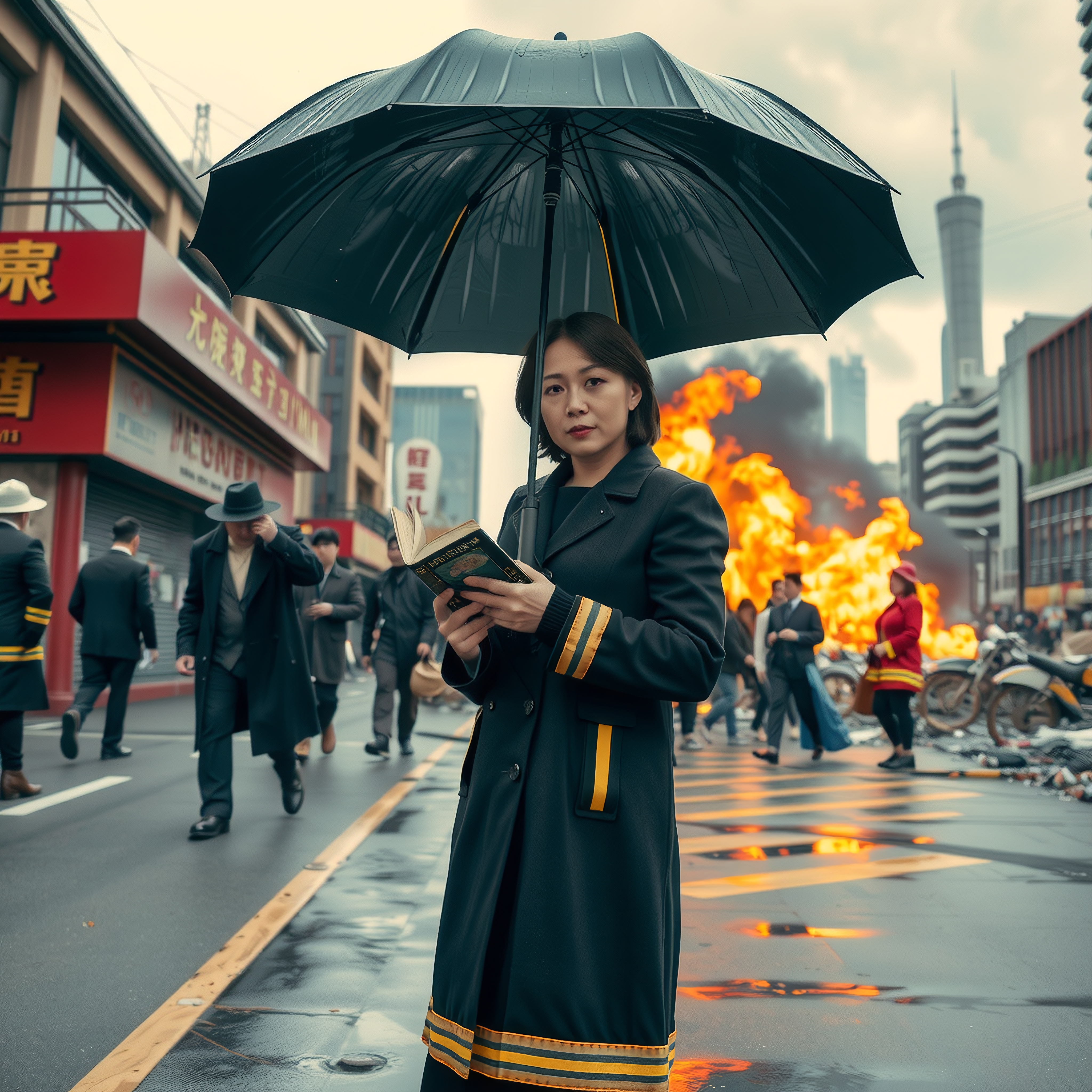 A woman with an umbrella stands in a city street with a blaze behind, contrasting calmness with urban chaos.