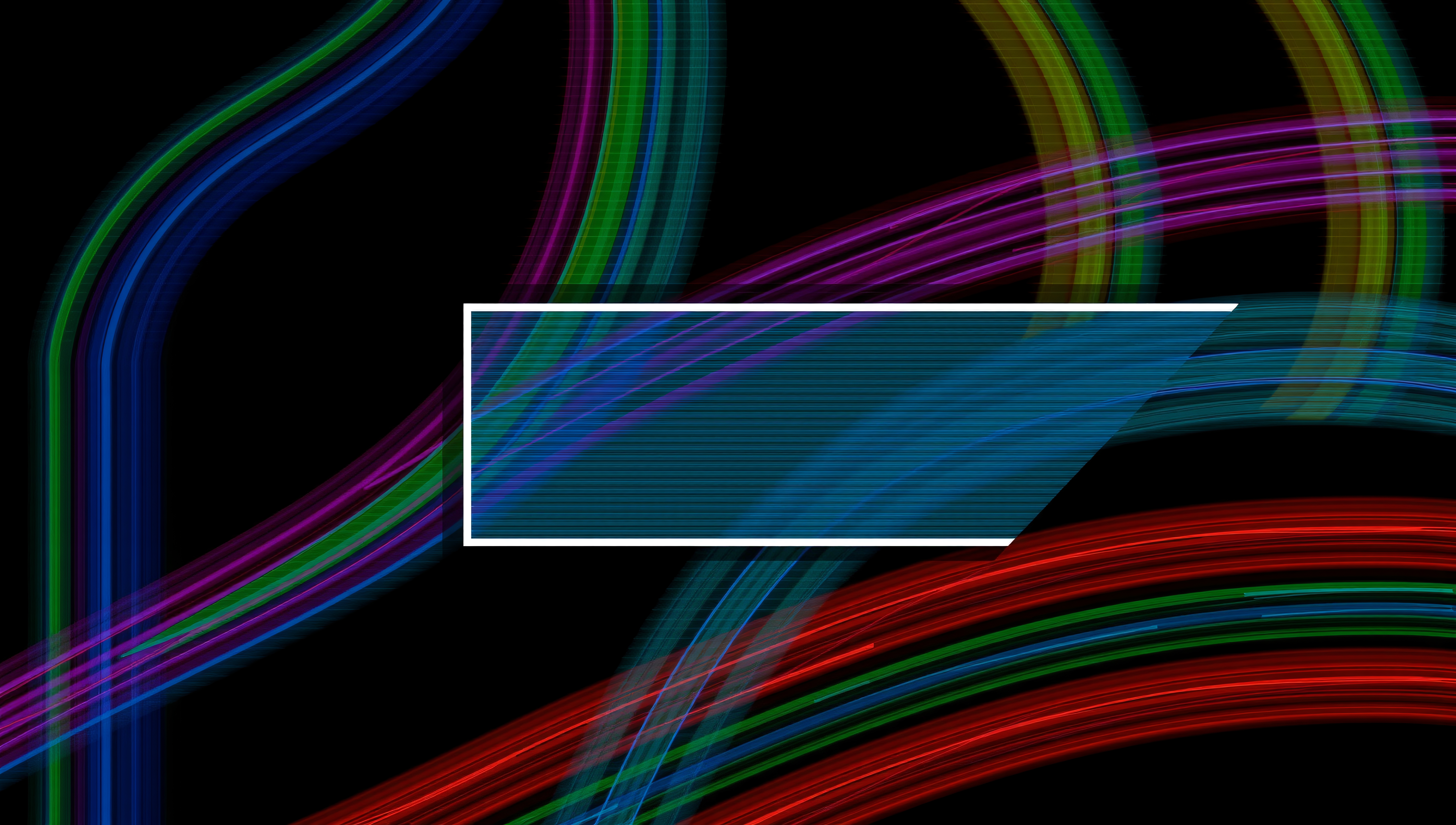 Colorful abstract lines on black background with a blue gradient insert.