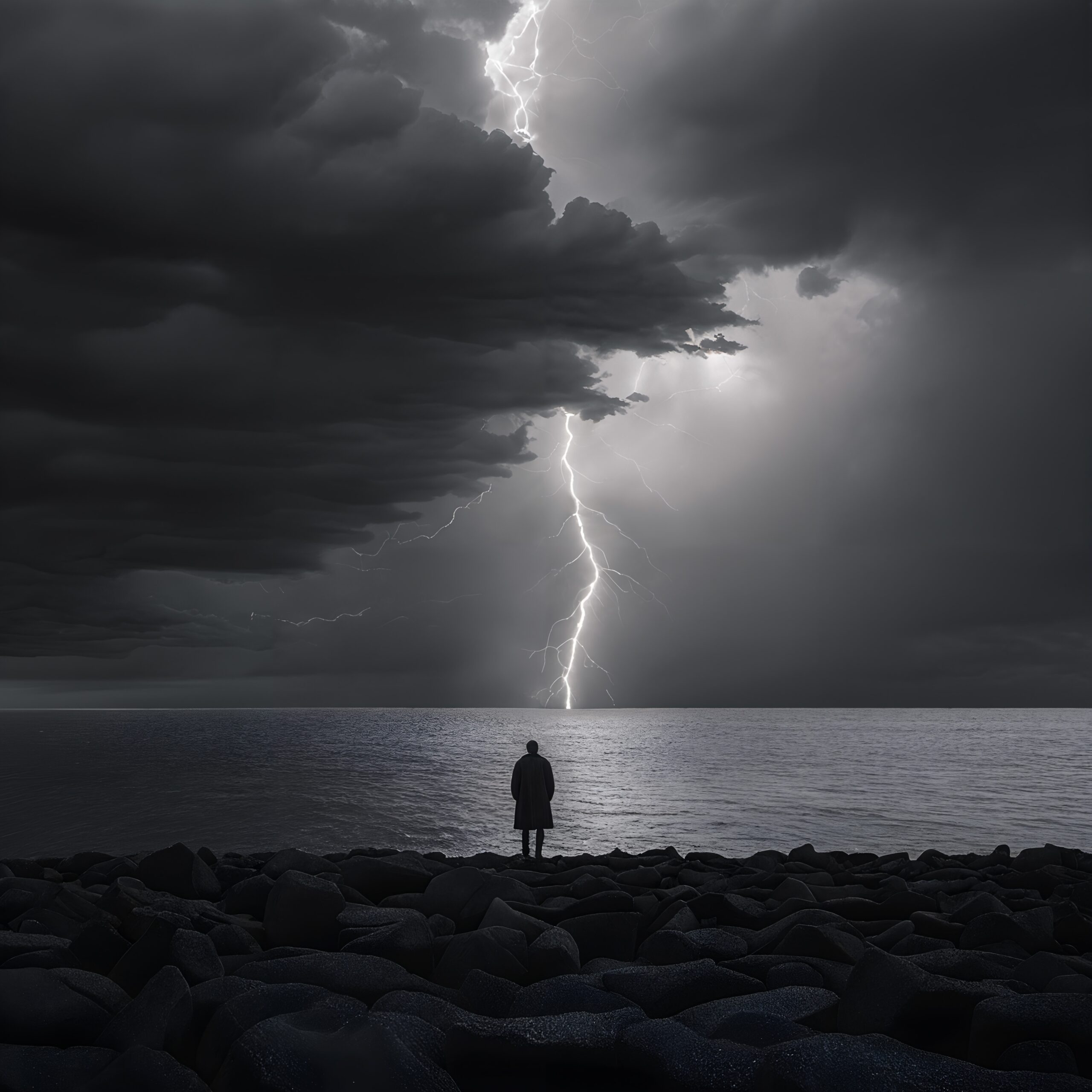 A person stands on a rocky shore amid a dramatic storm with a bolt of lightning splitting the dark sky over the ocean.