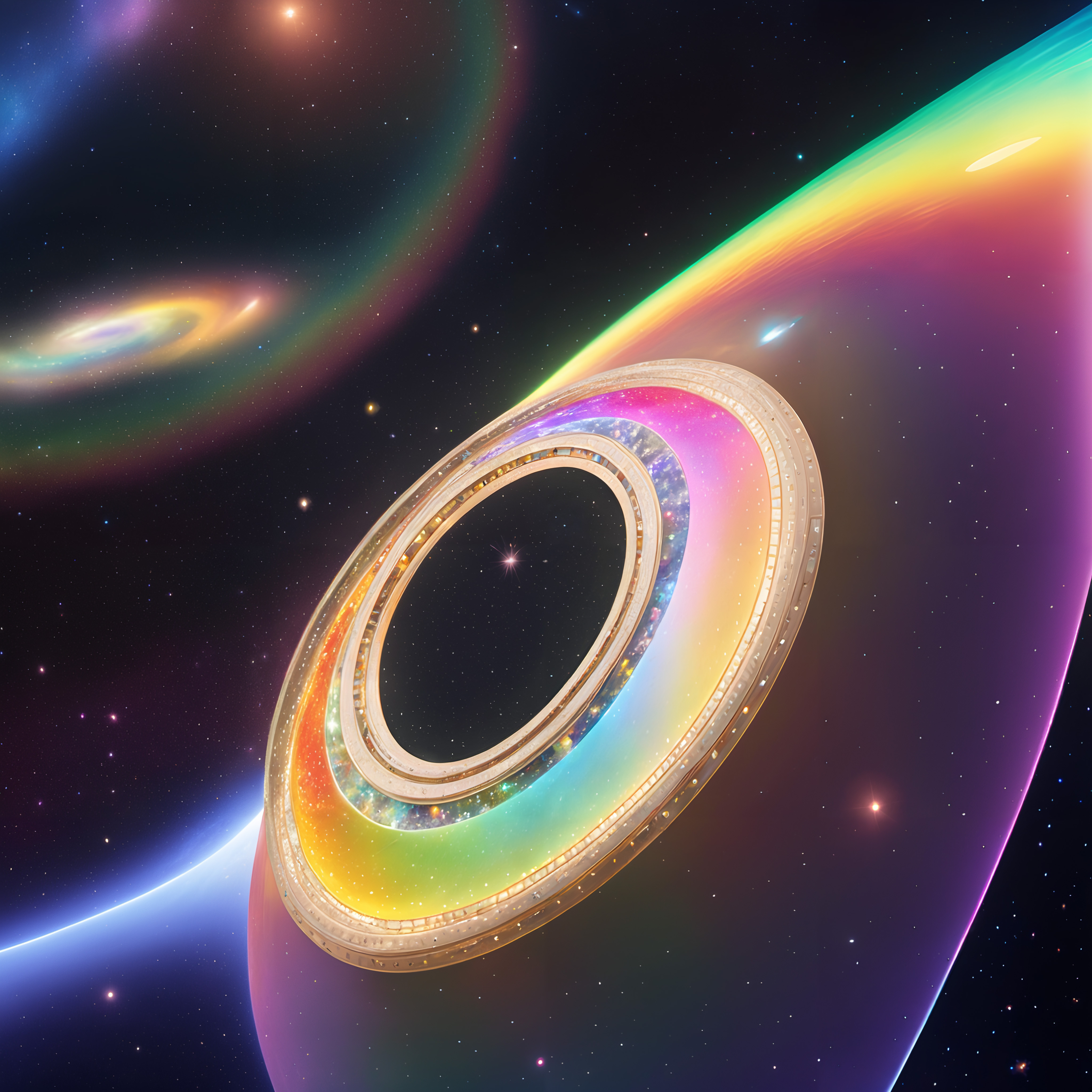Artistic depiction of a radiant cosmic ring floating in a colorful and starry universe.