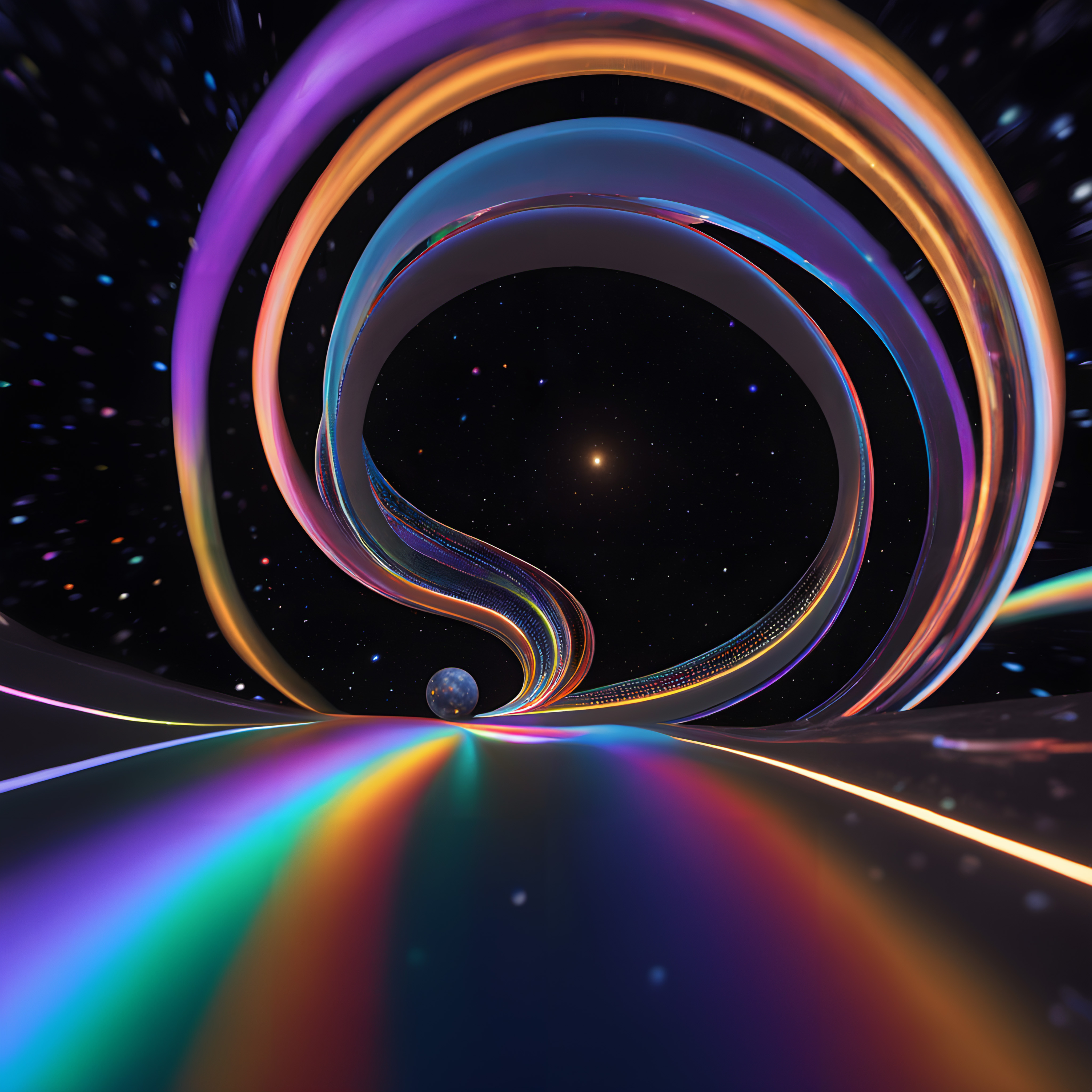 Abstract cosmic highway with swirling vibrant ribbons against a starry sky.