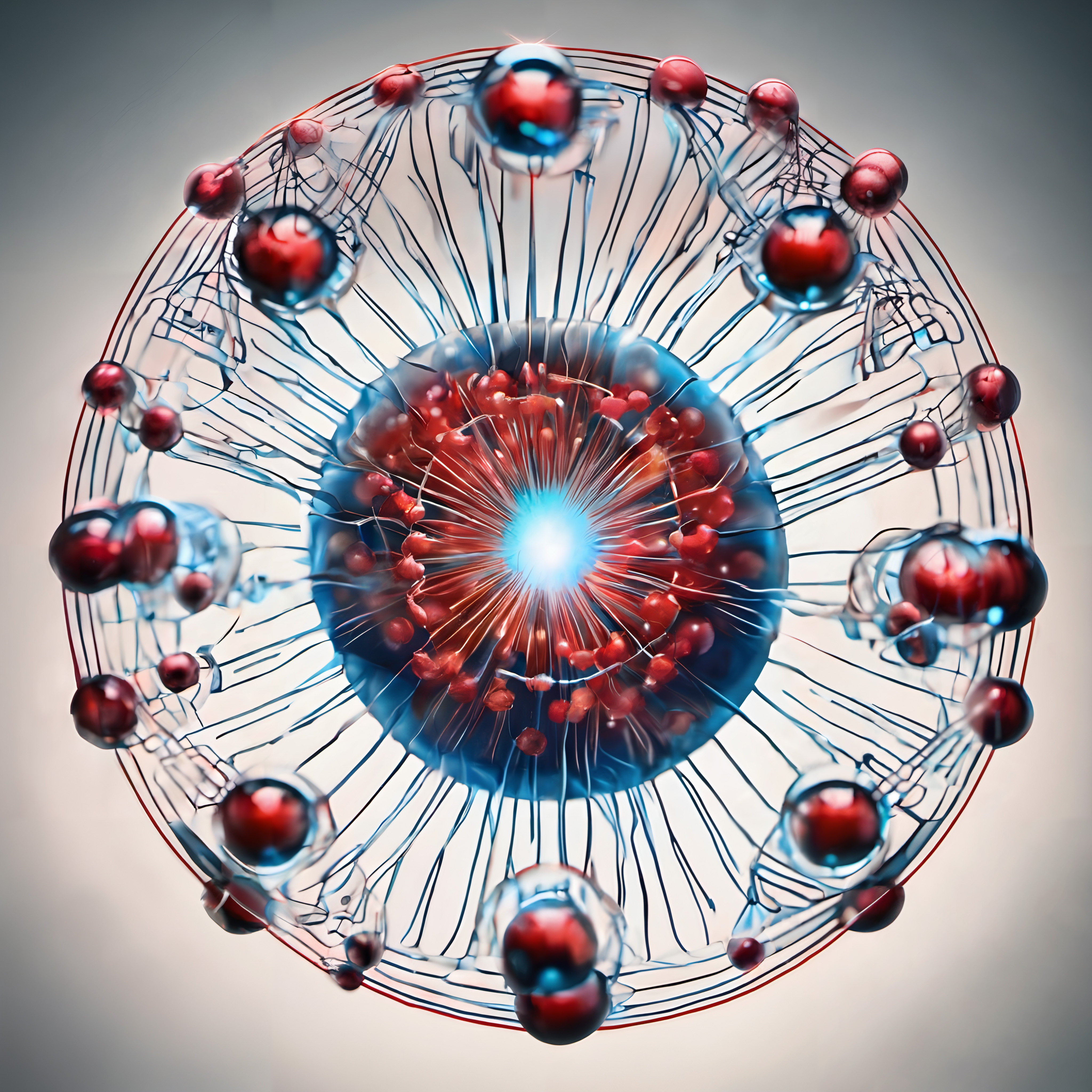 Abstract illustration of complex cellular structure with a glowing blue core, red spheres, and intricate connections, depicting a biological theme.