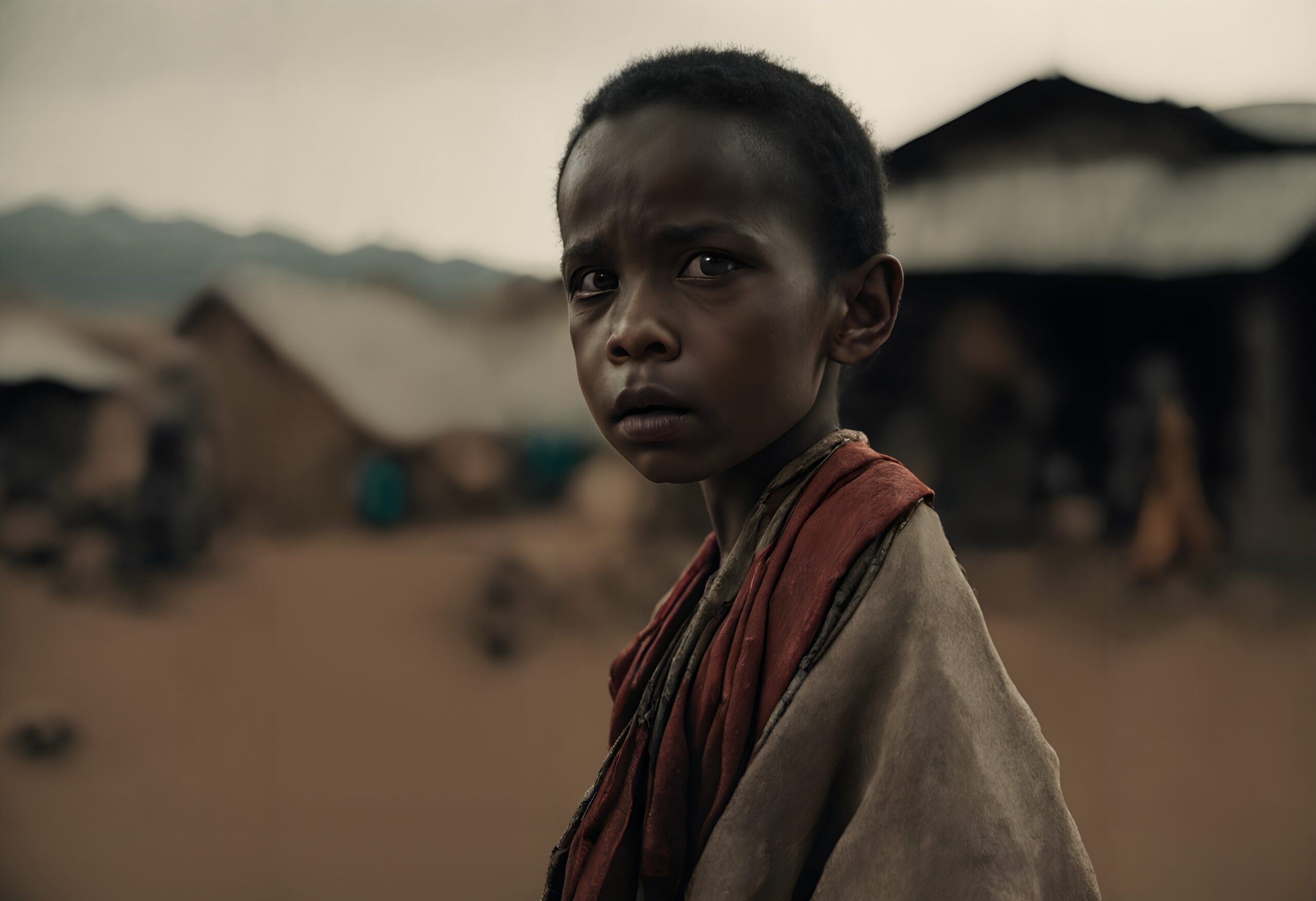 Young child with somber expression in a rural setting.