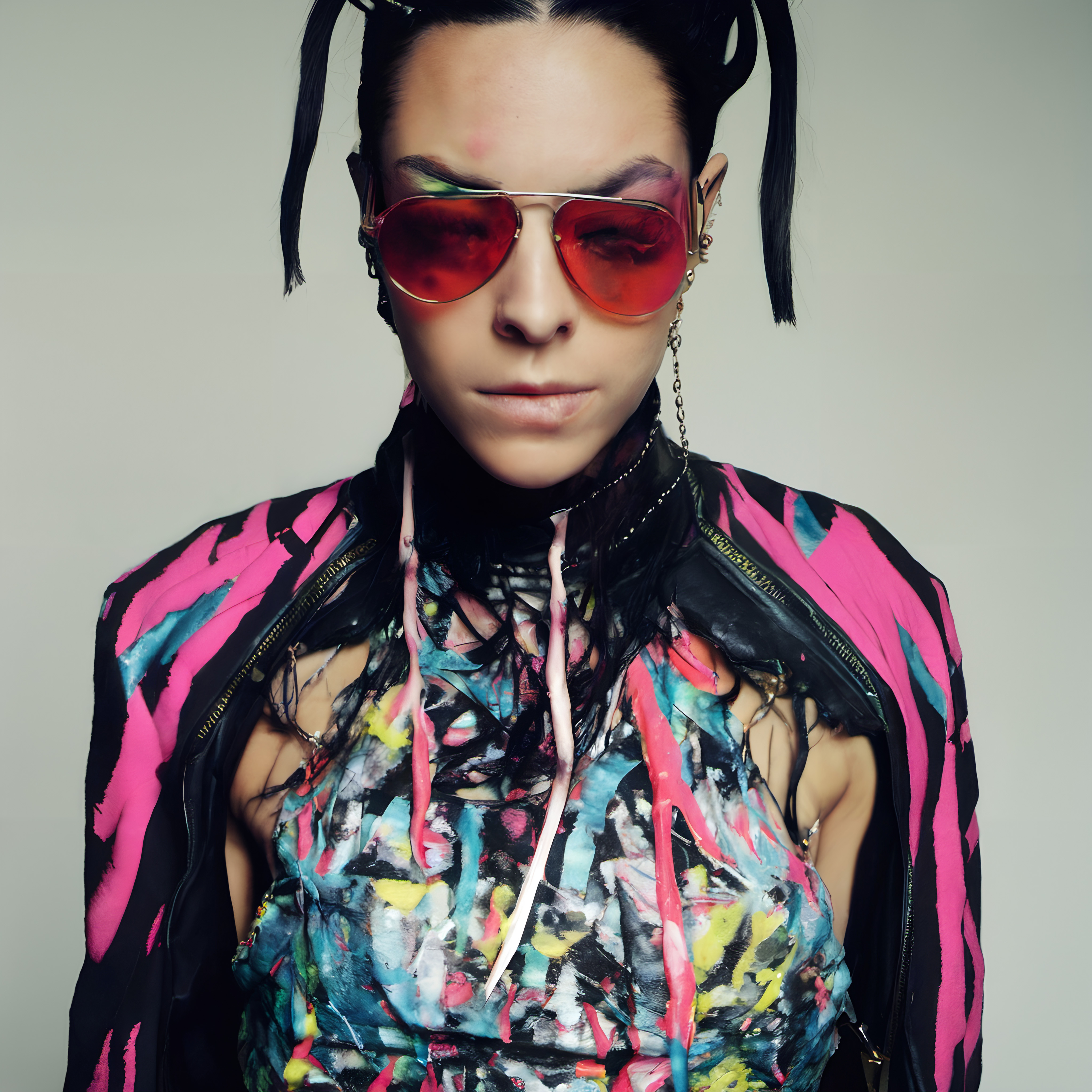 Stylish individual in vibrant outfit with red sunglasses and bold piercings.