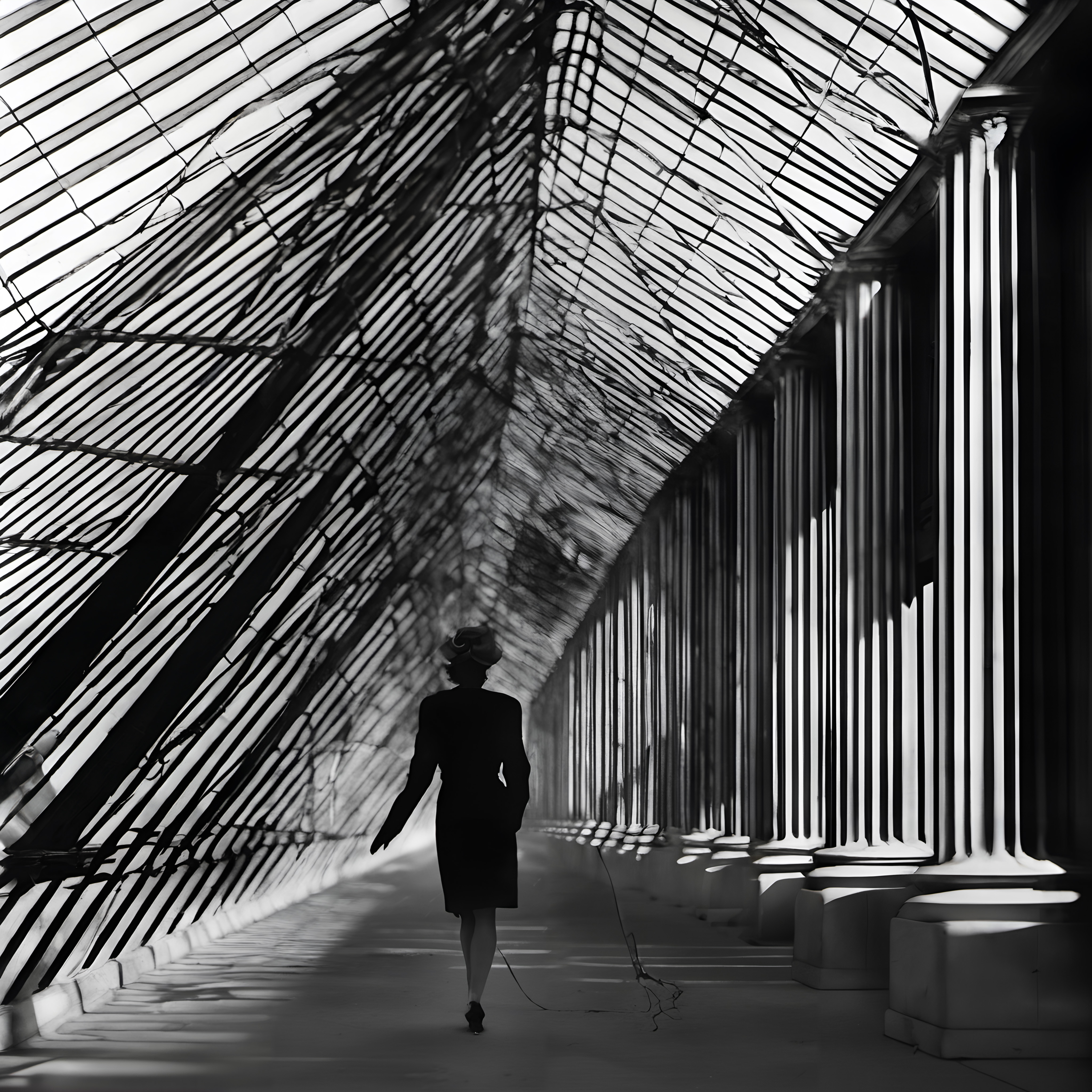 A lone figure walks beneath a glass ceiling casting intricate shadows in a formal, columned corridor.