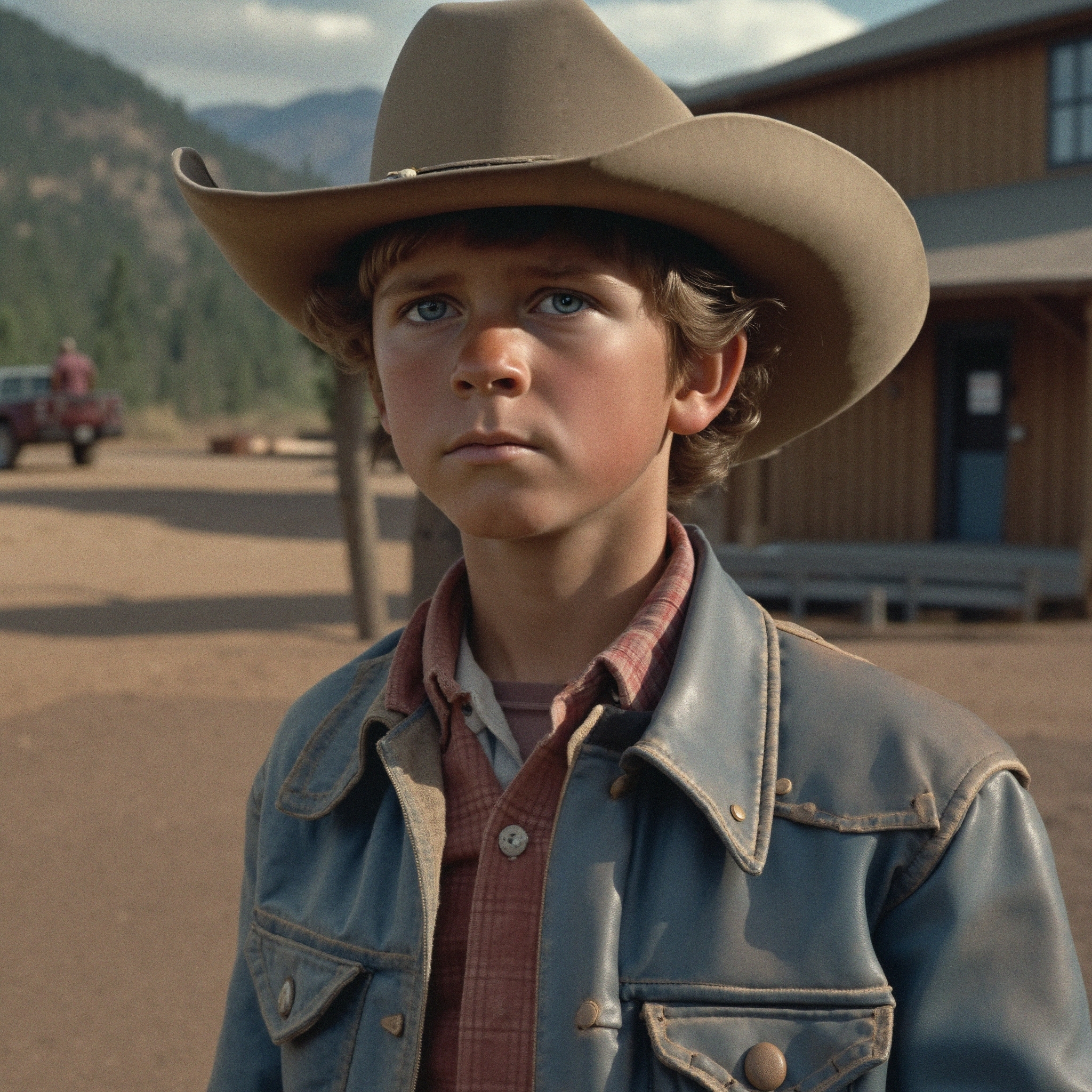 Young boy in cowboy hat outside wooden building.
