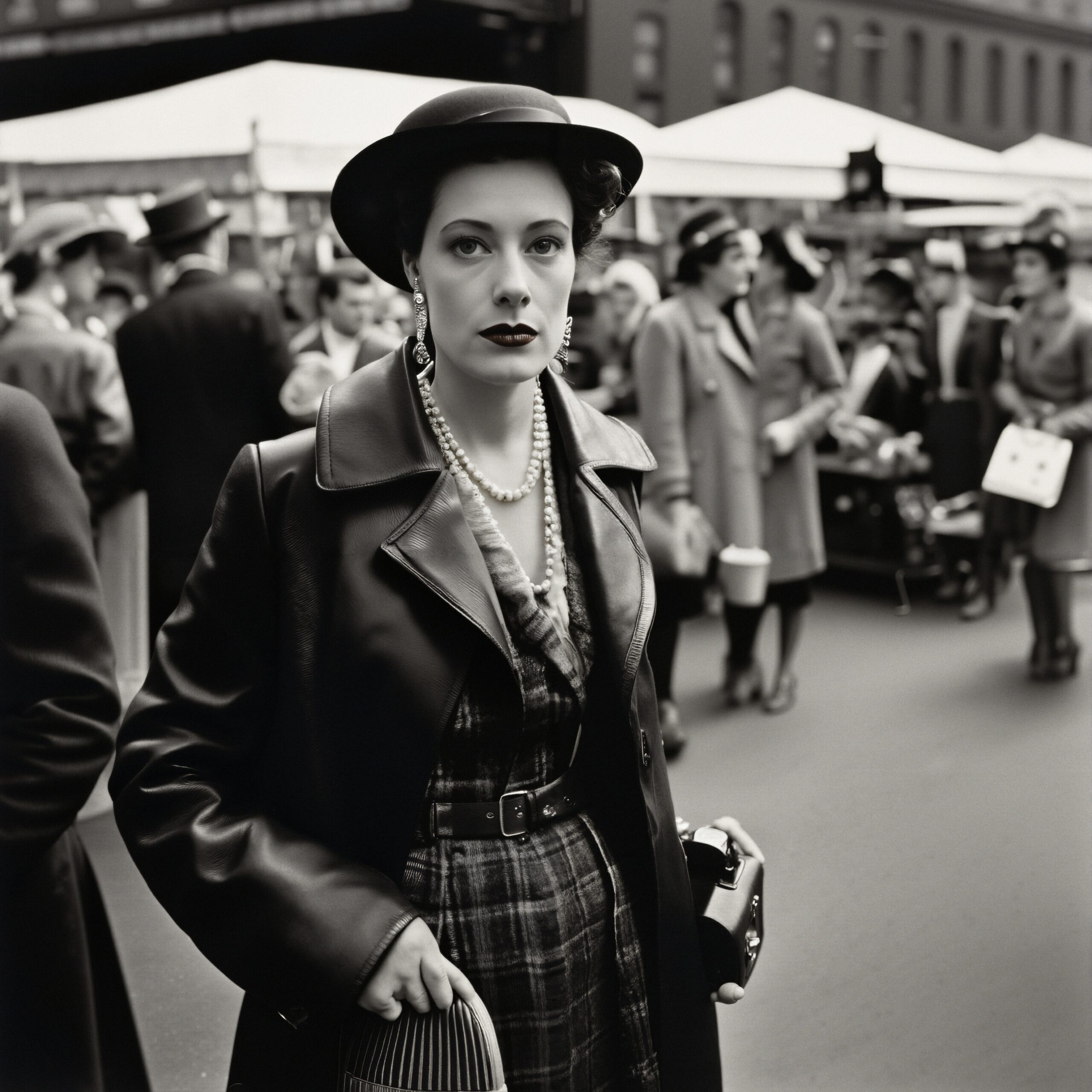 A woman in 1940s fashion with pearls and a hat stands confidently at a bustling vintage market scene.