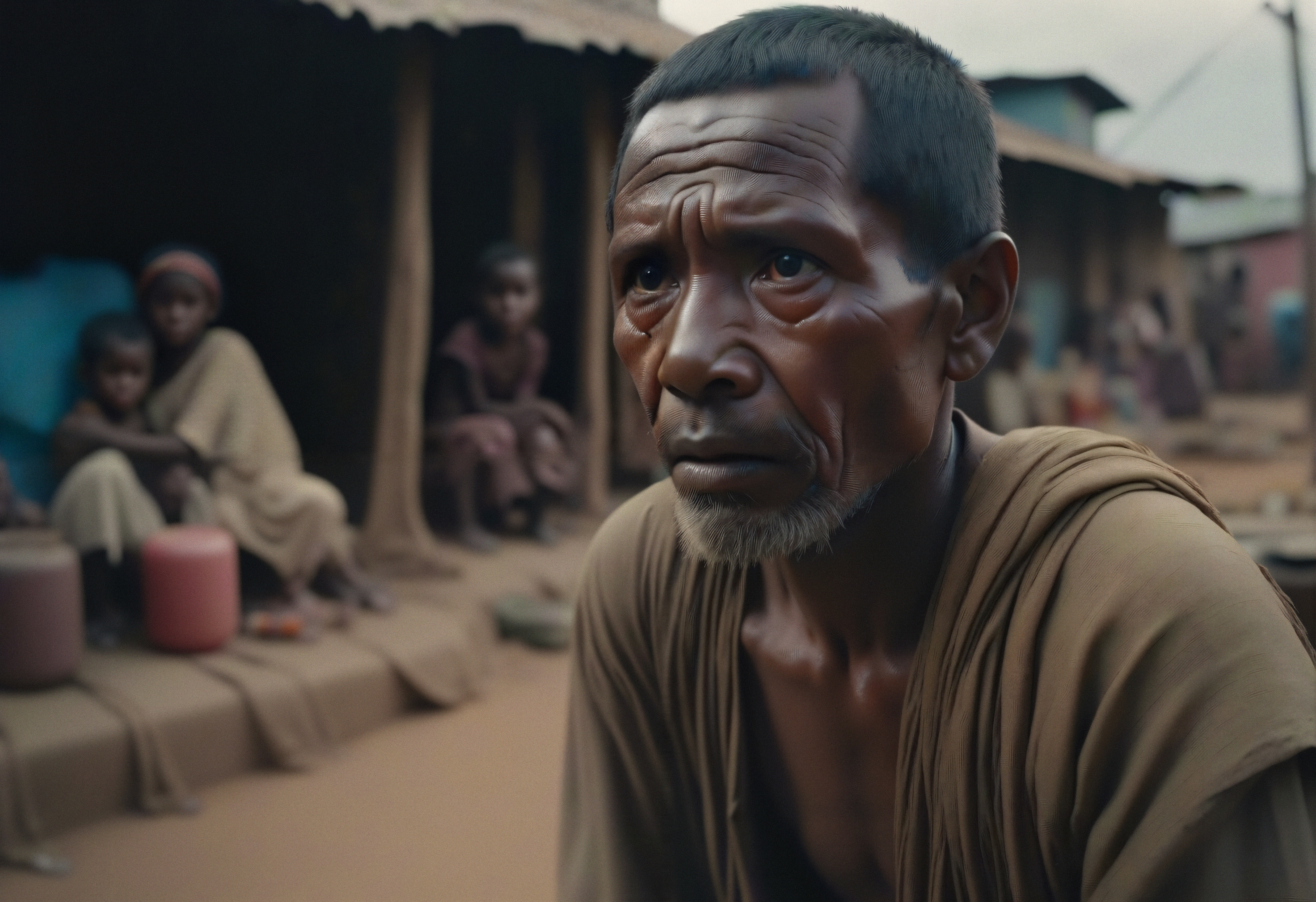 An elderly man in a rural village setting with children in the background, conveying a story of generational contrast and contemplation.