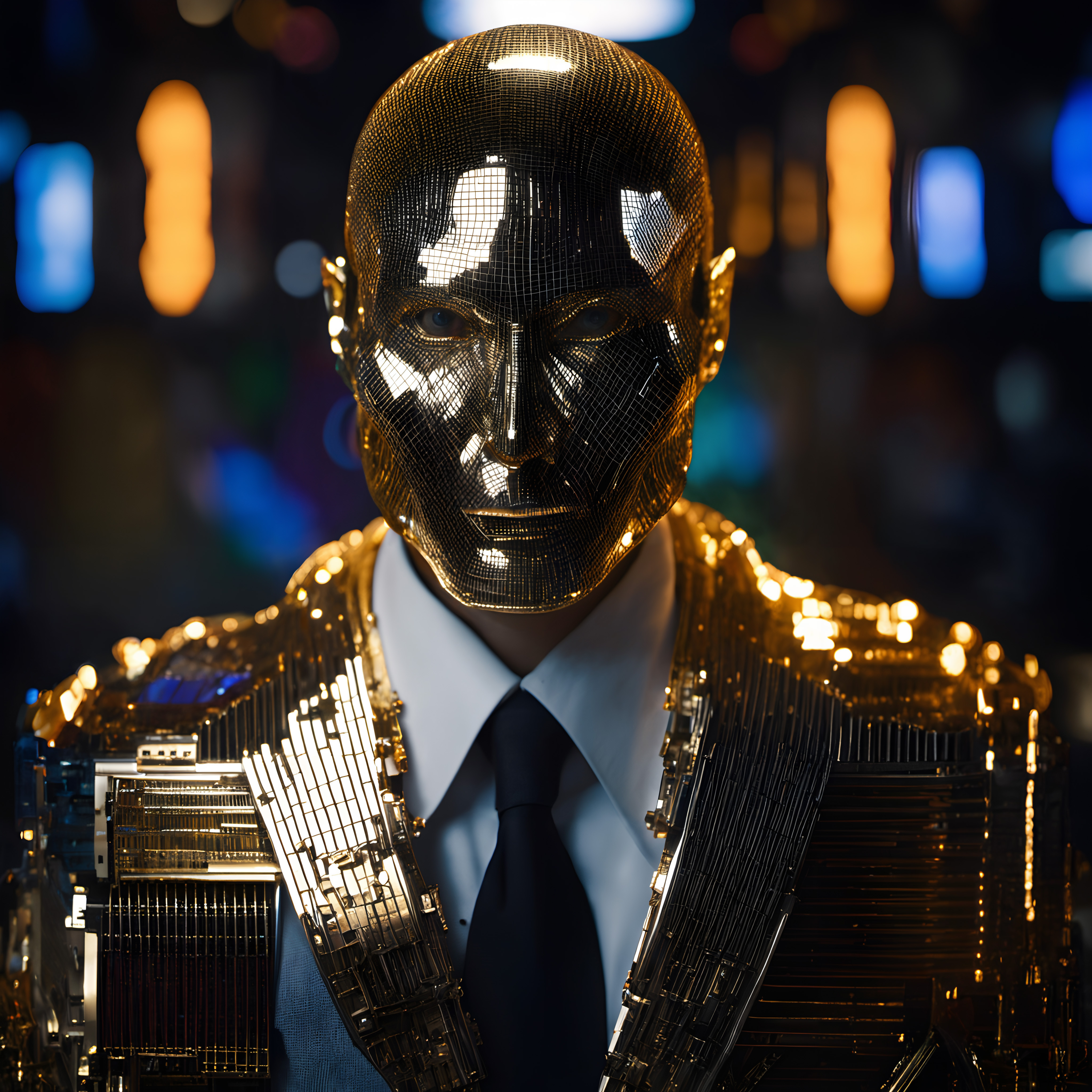SEO-optimized image alt text: "Futuristic figure with a golden mask reflecting lights."