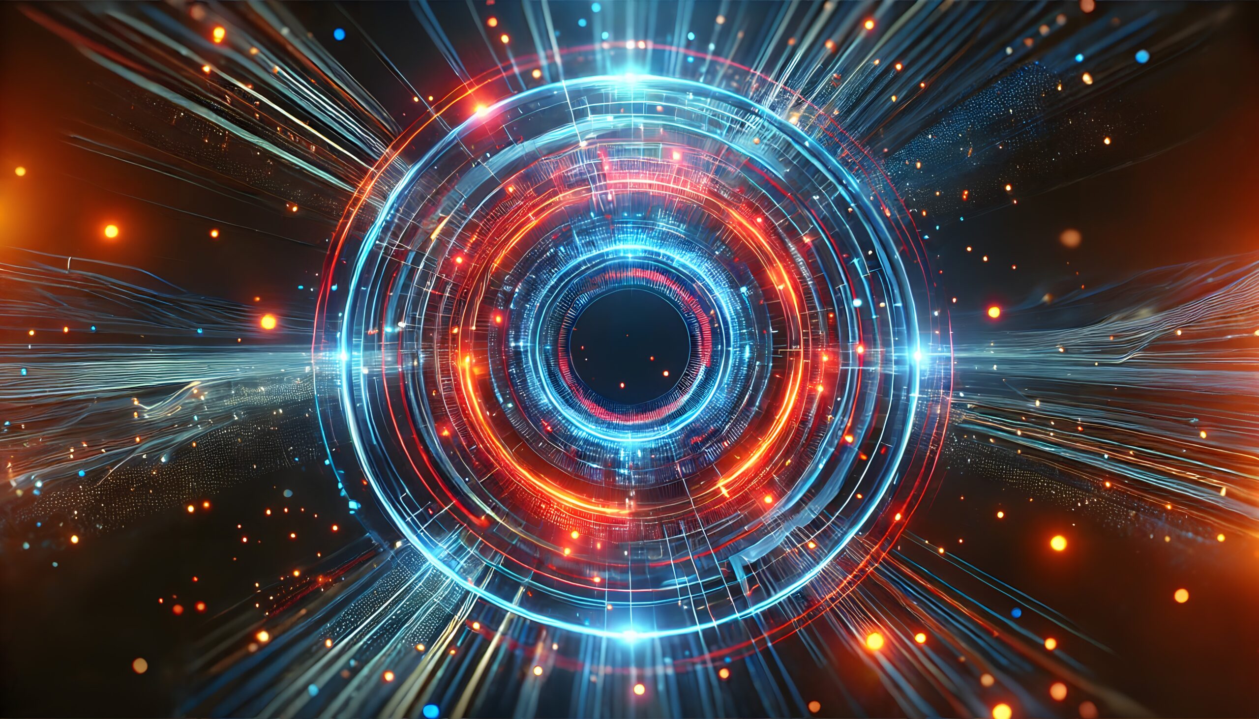 A vibrant, abstract digital vortex with concentric circles in blue and orange hues, suggesting a futuristic or technological portal.