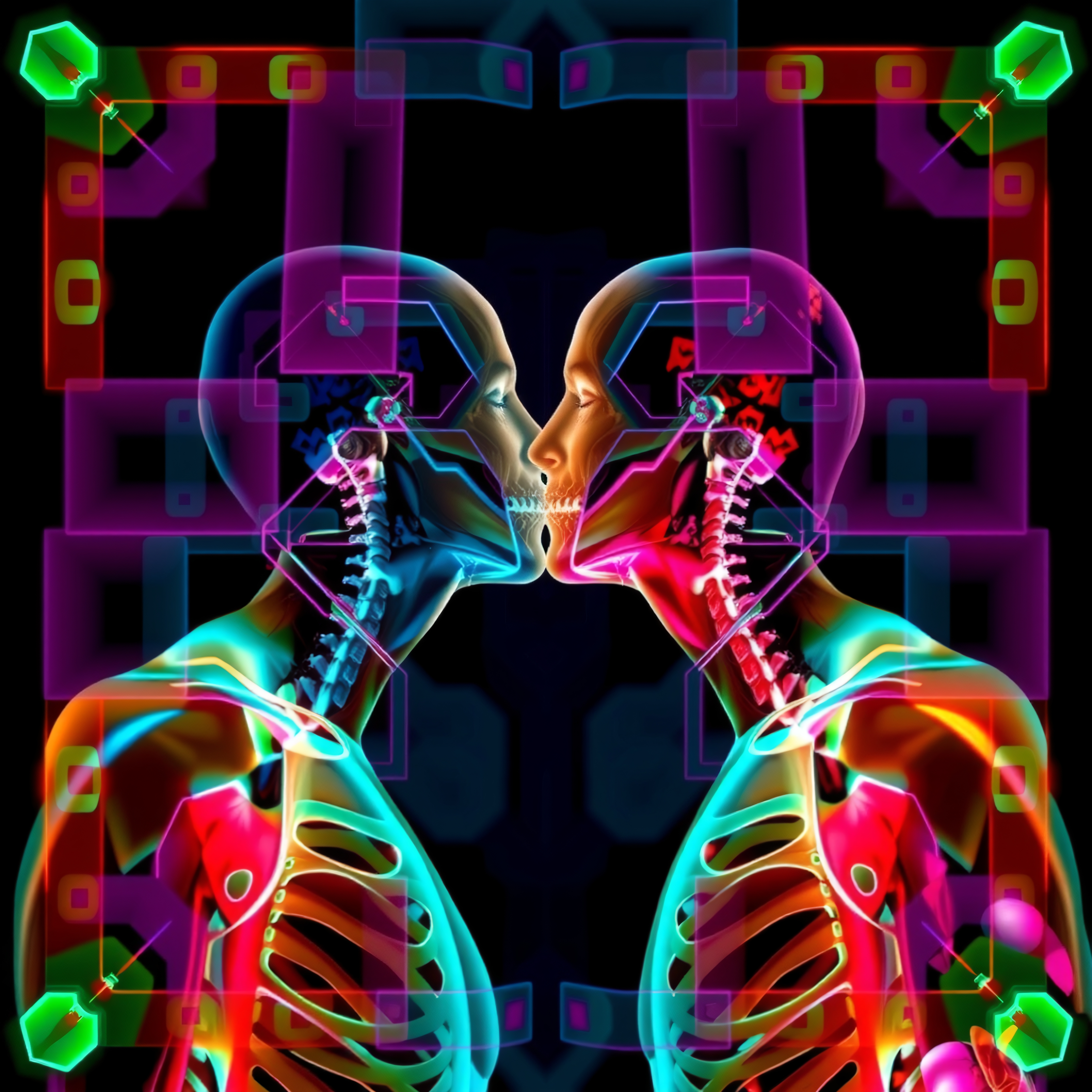 Vibrant neon anatomical figures with futuristic digital elements.