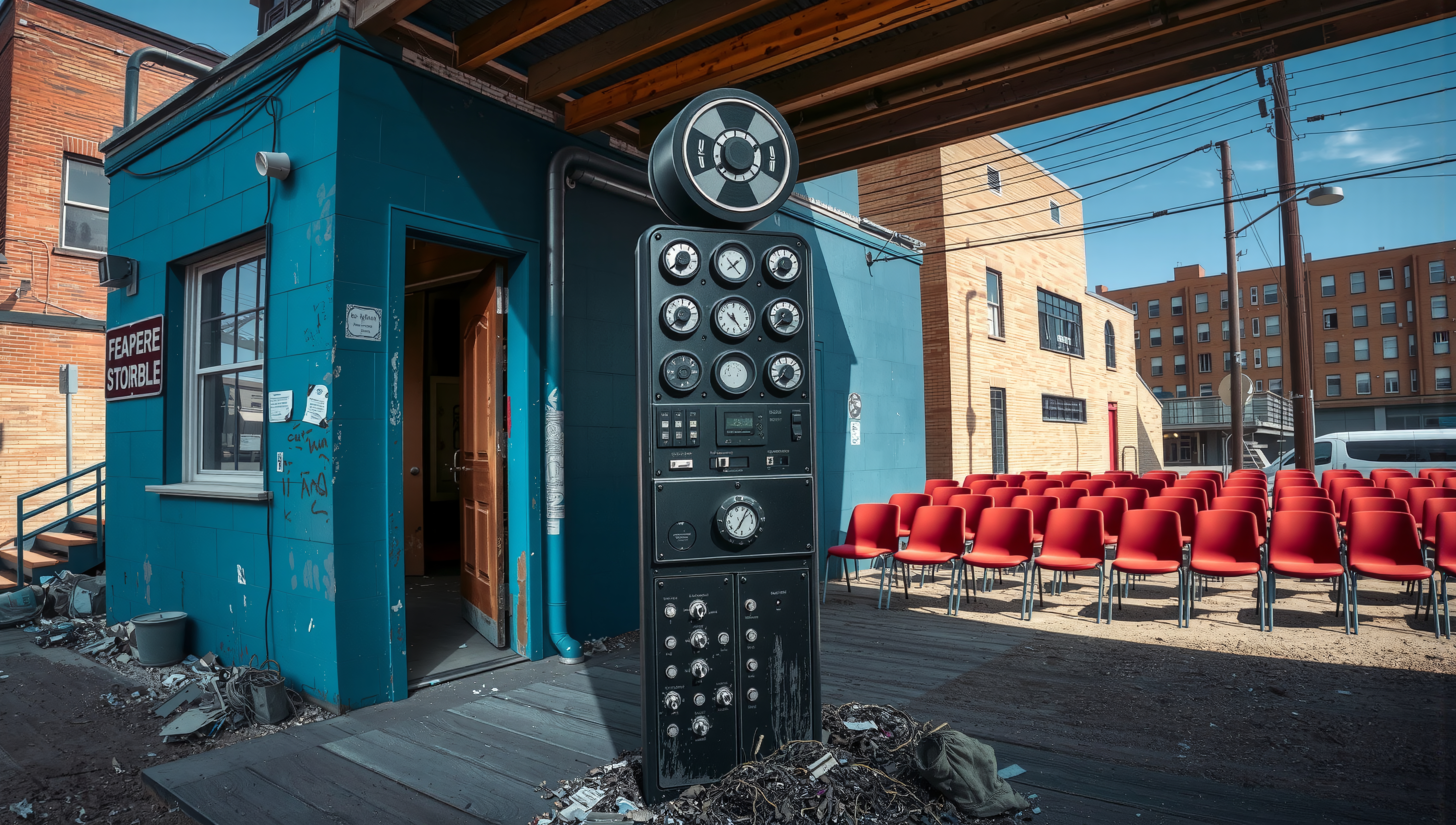 Vintage control panel setup with red chairs.