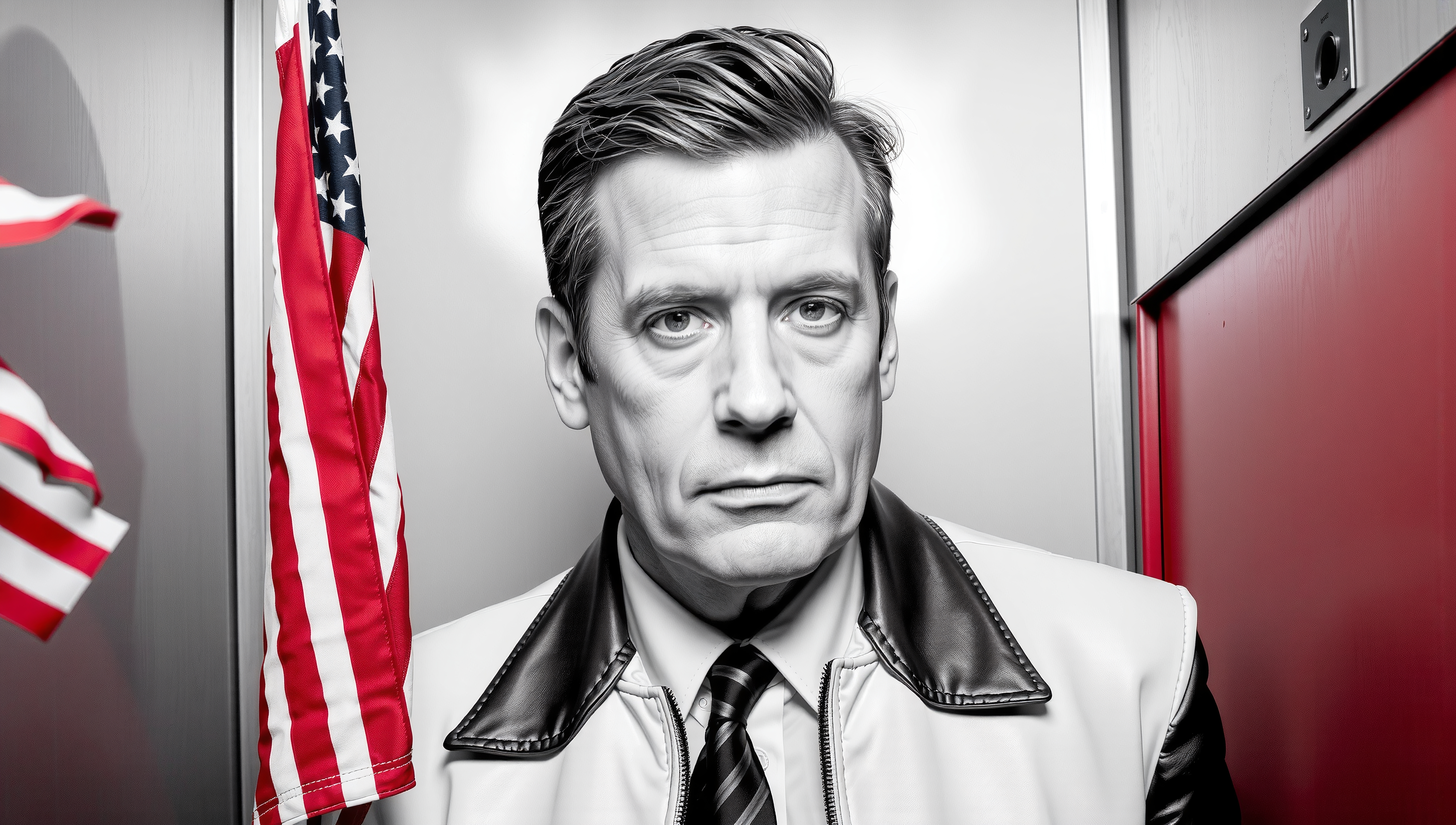 Middle-aged man with American flag, serious expression, leather jacket.