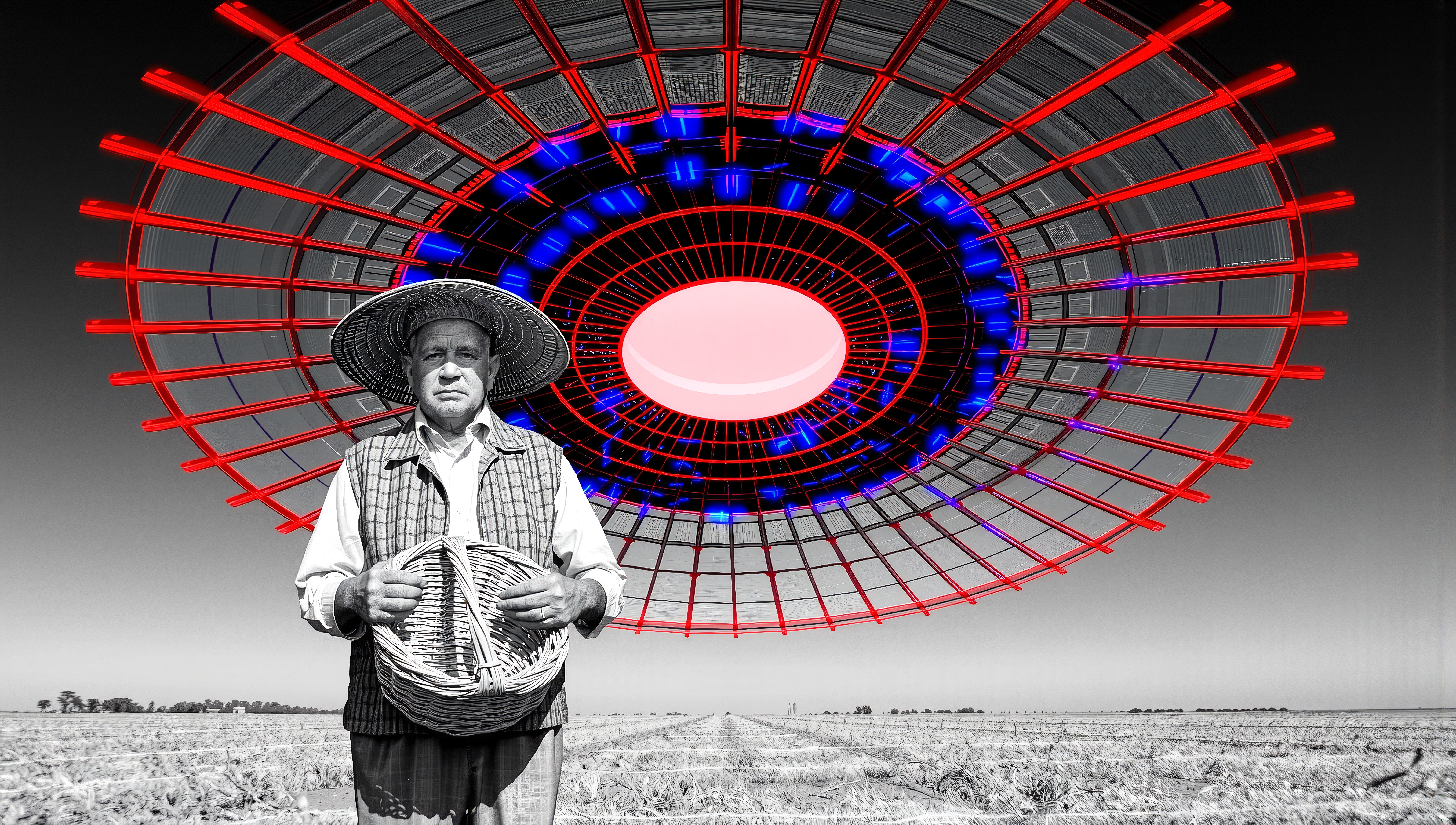 A farmer stands in a black-and-white field beneath a bright, colorful UFO-like structure, blending reality and fantasy.