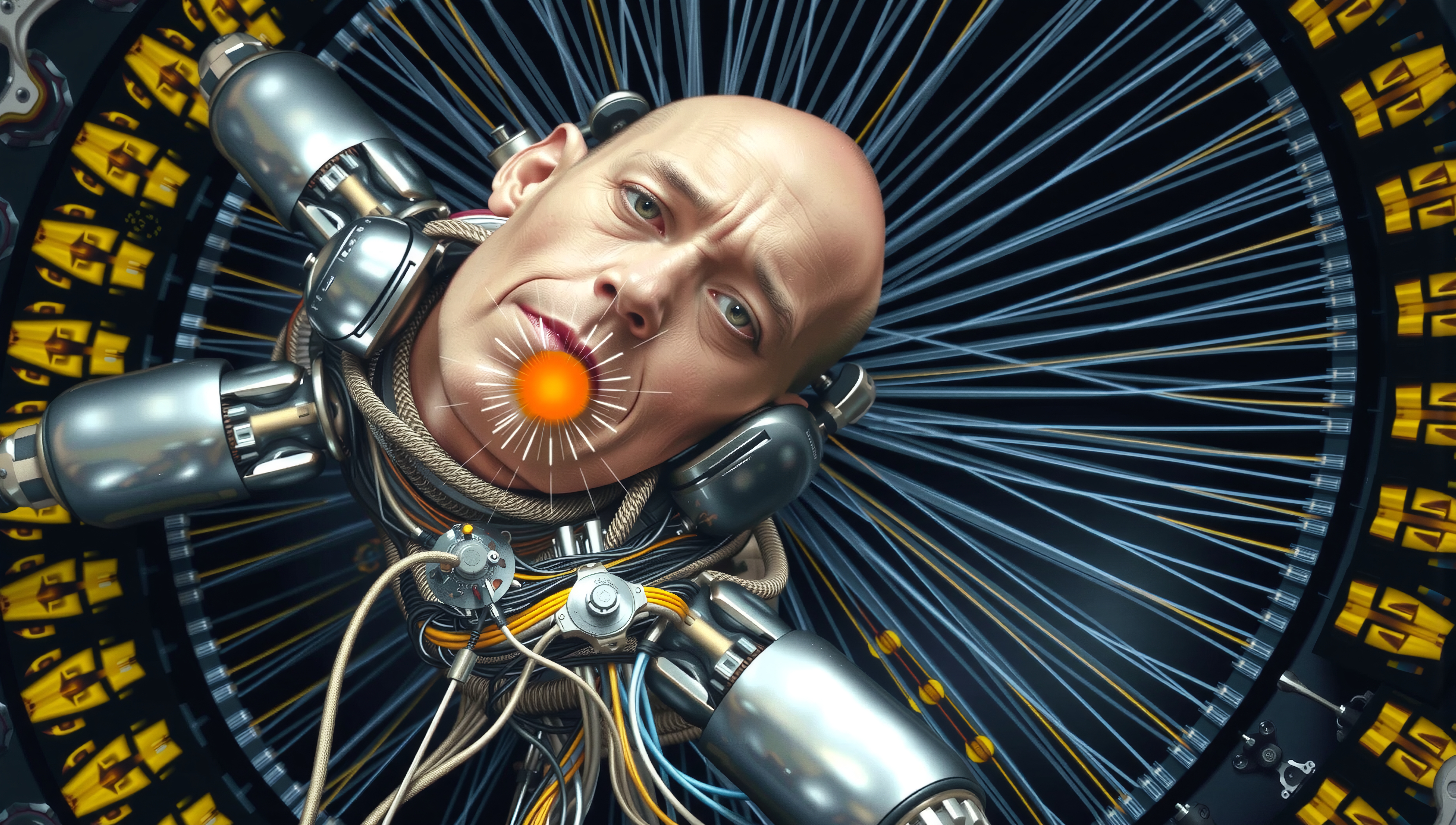 A cyborg head with glowing details integrated into advanced machinery.
