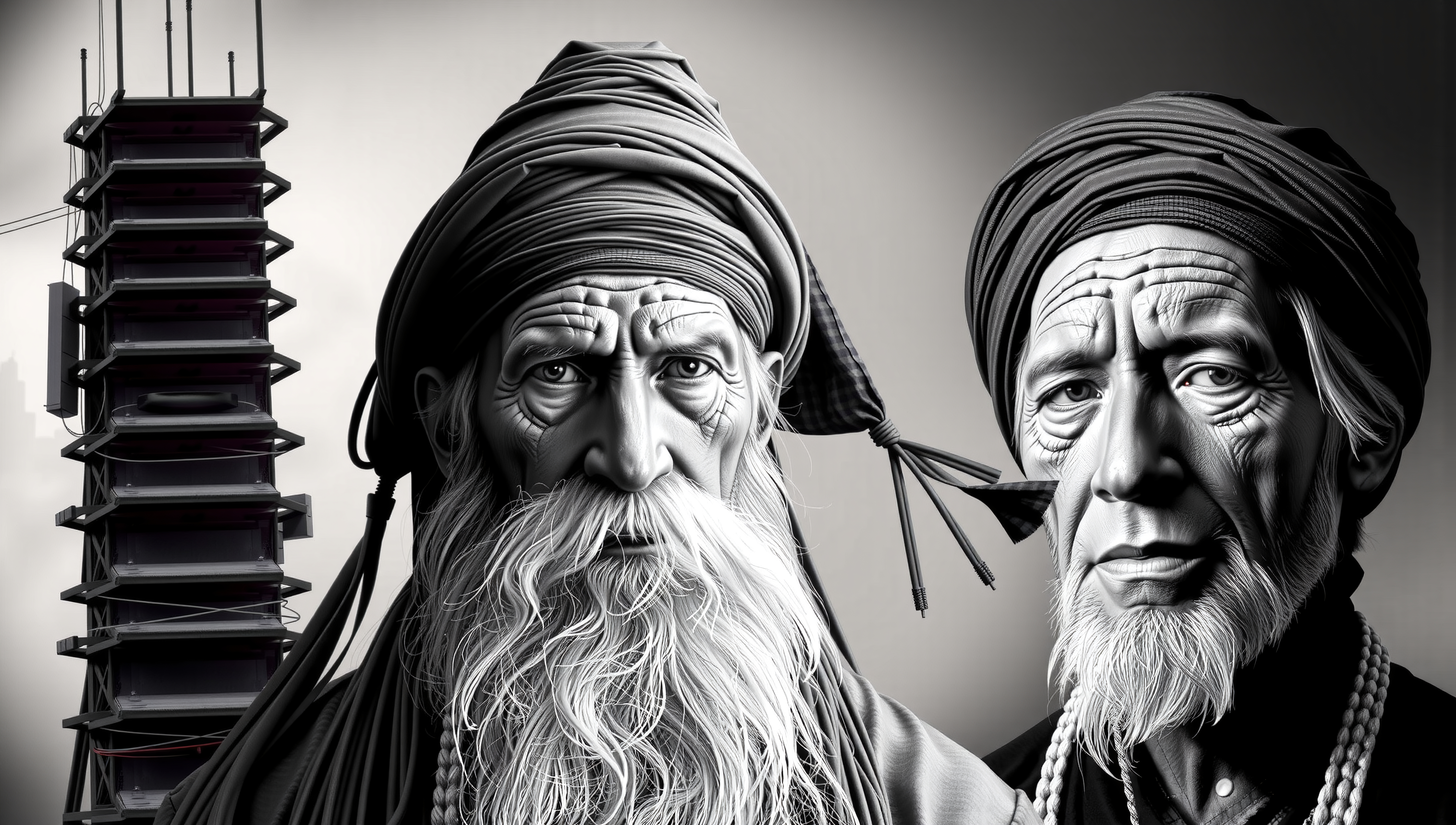 Black and white portrait of two elderly men with turbans against an abstract structure background.