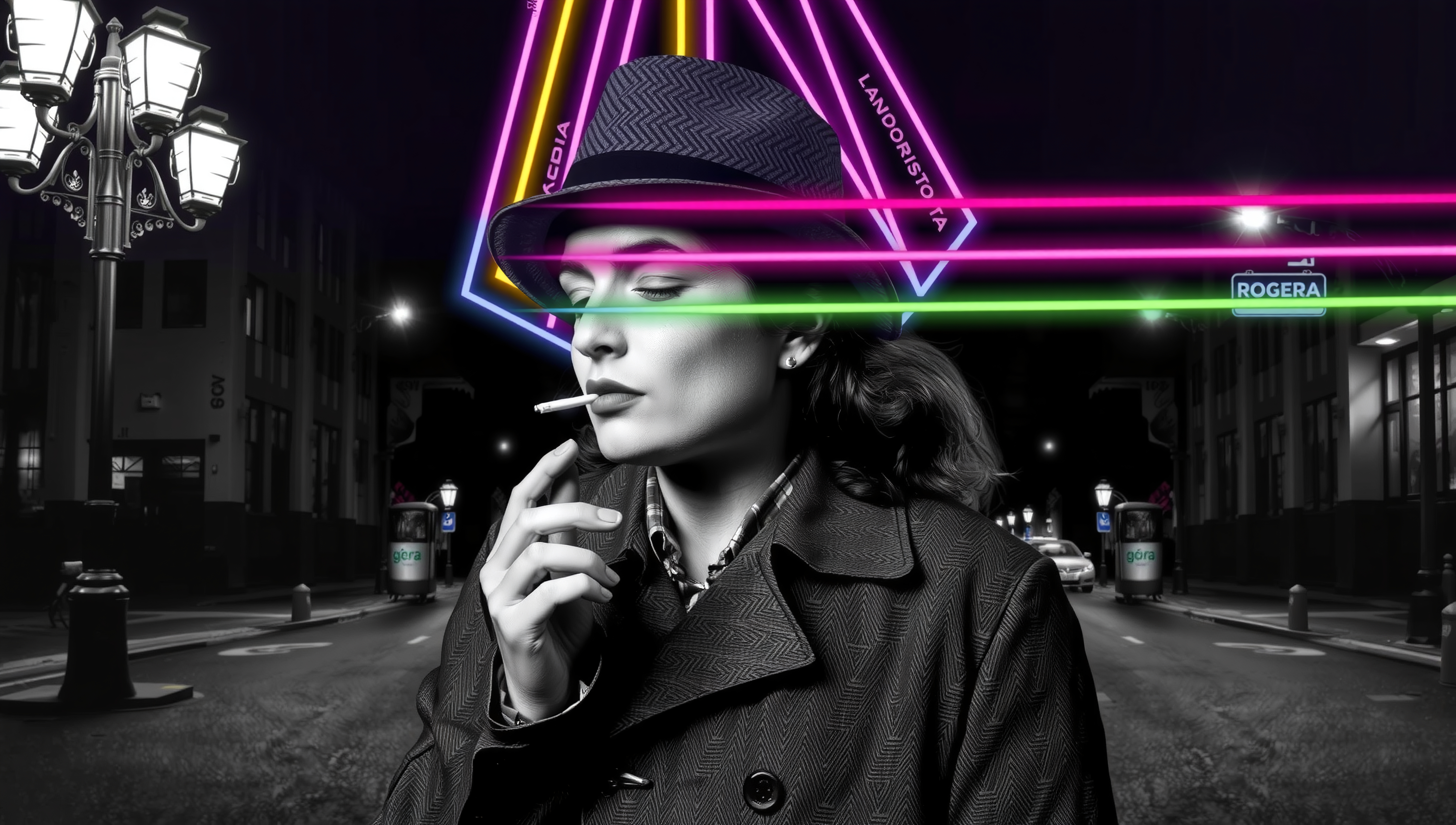 A woman in a trench coat with neon lights in the background of a noir-style city street.