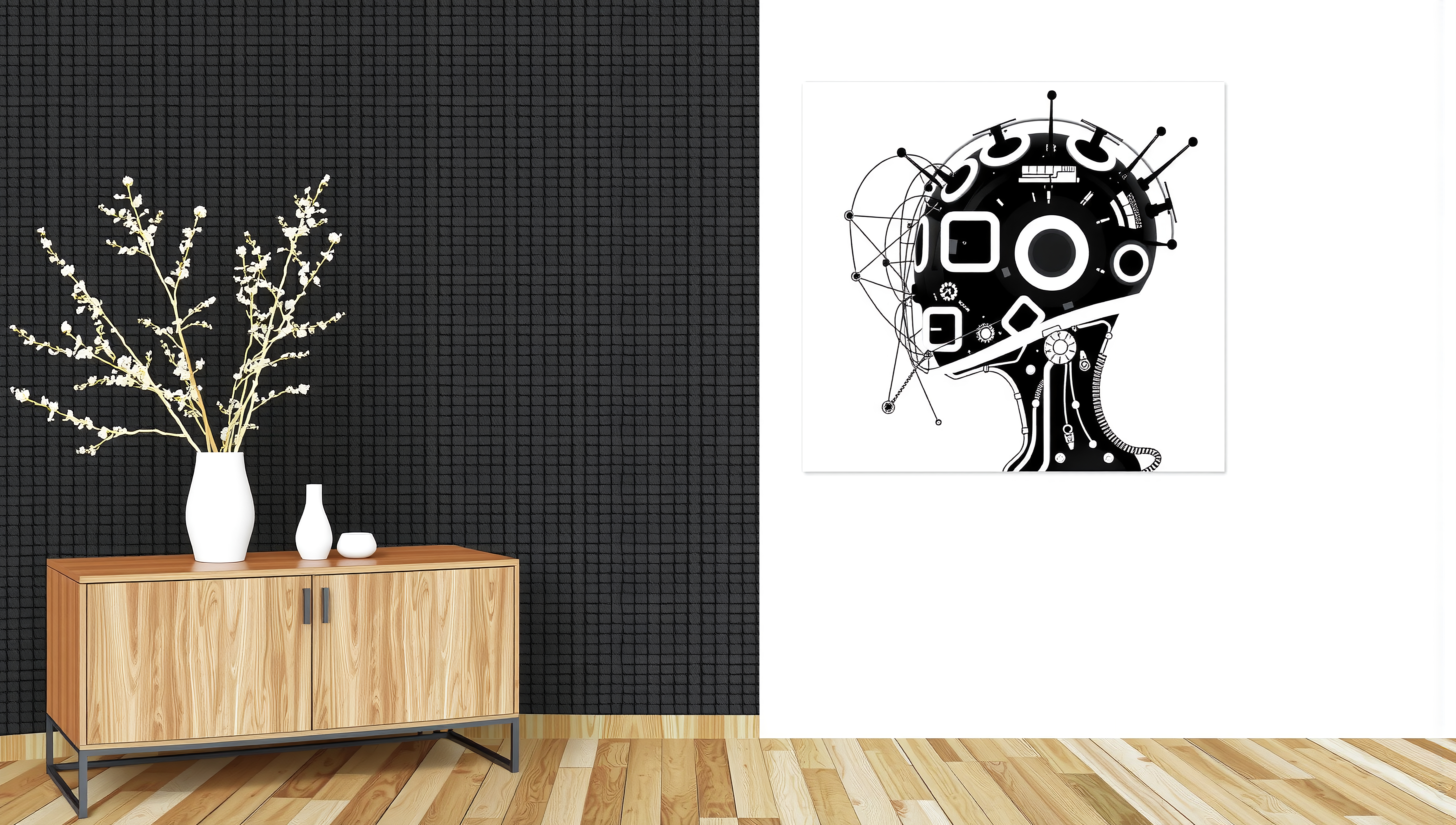Modern interior with abstract head artwork in a minimalist setting.