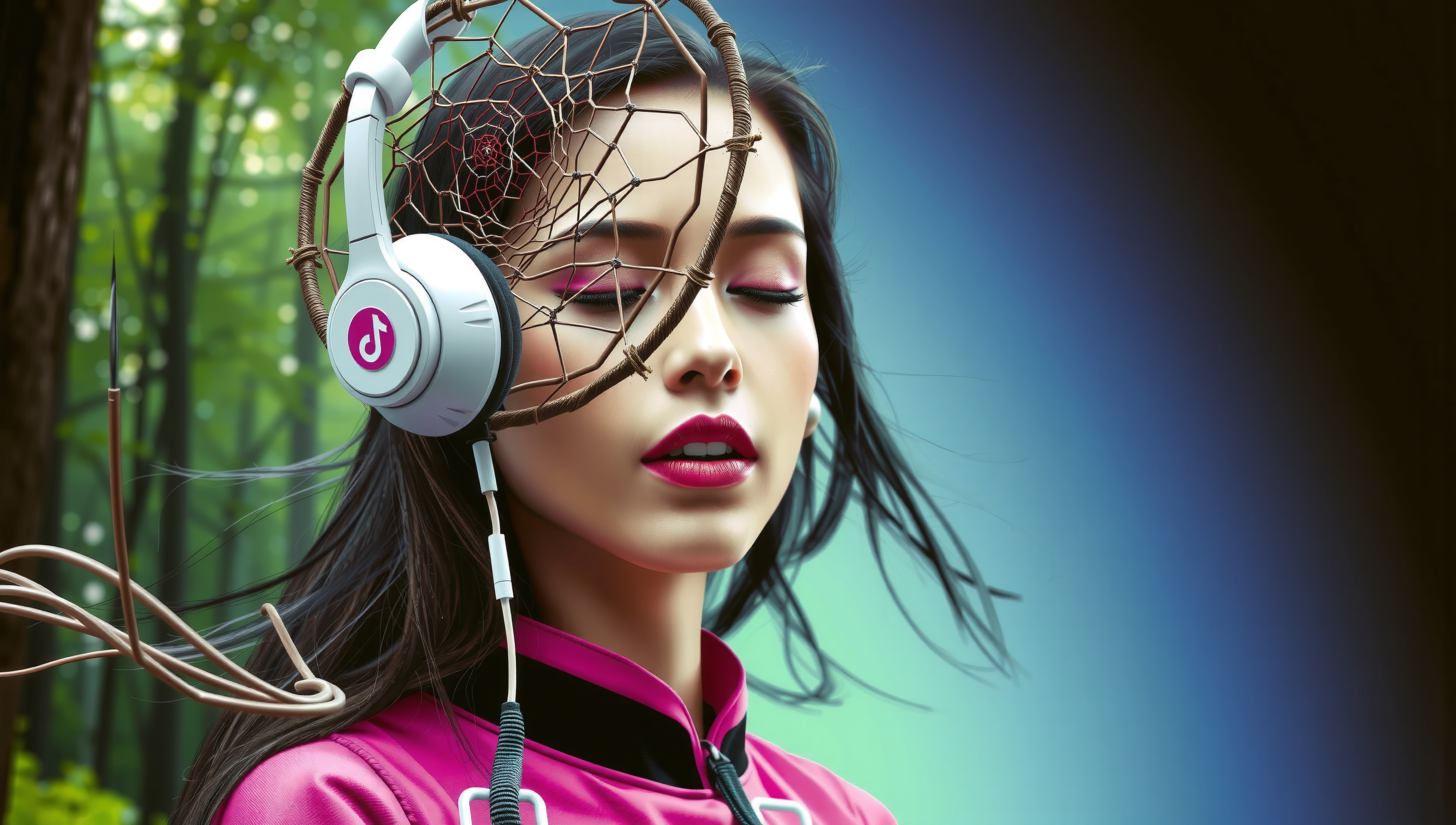 A young woman with headphones integrated with a dreamcatcher, standing in a serene forest setting, symbolizing a blend of technology and culture.