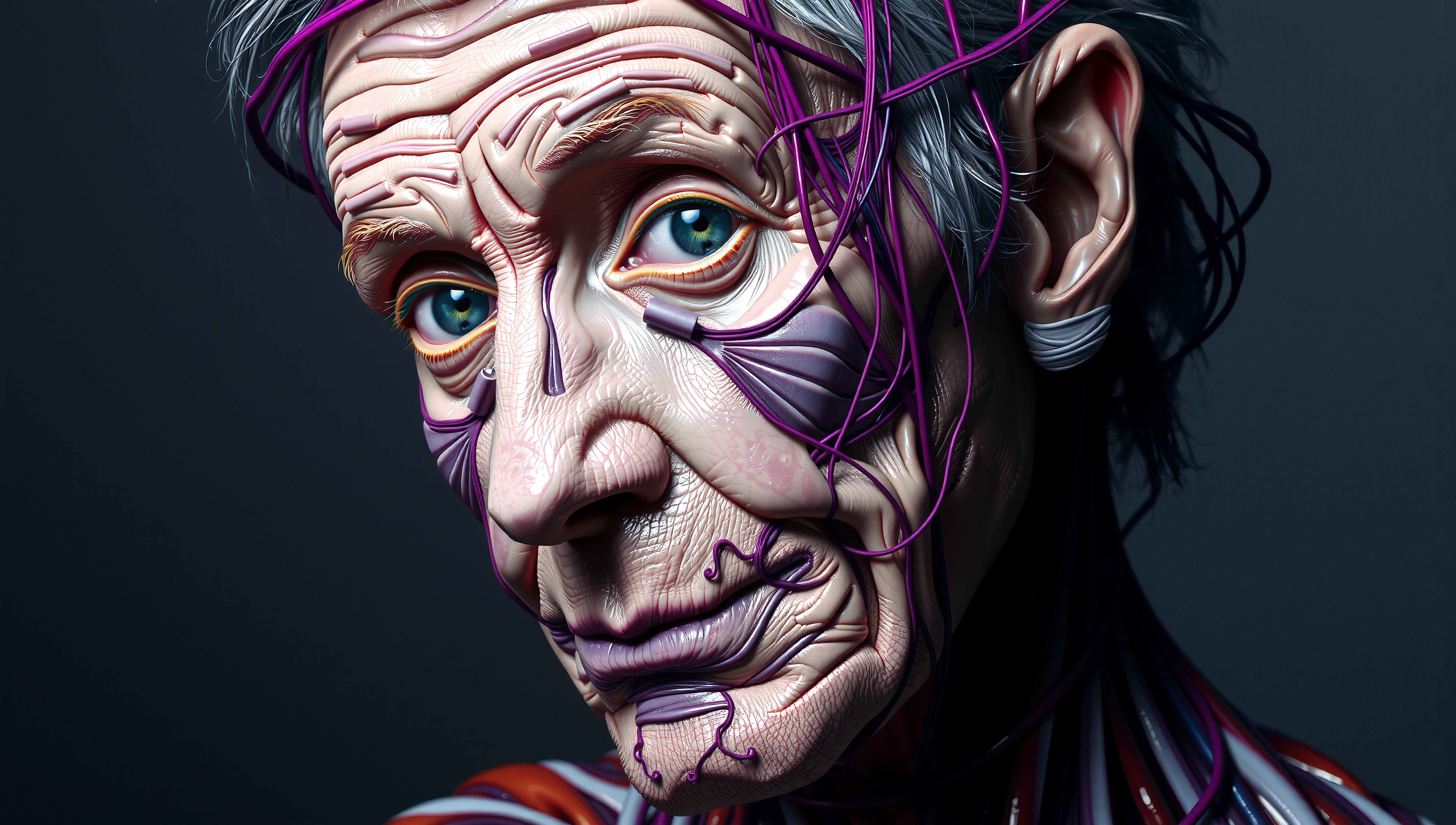 Anatomical illustration of an elderly man's face showcasing detailed muscles, tendons, and nerves with expressive blue eyes and silver hair.