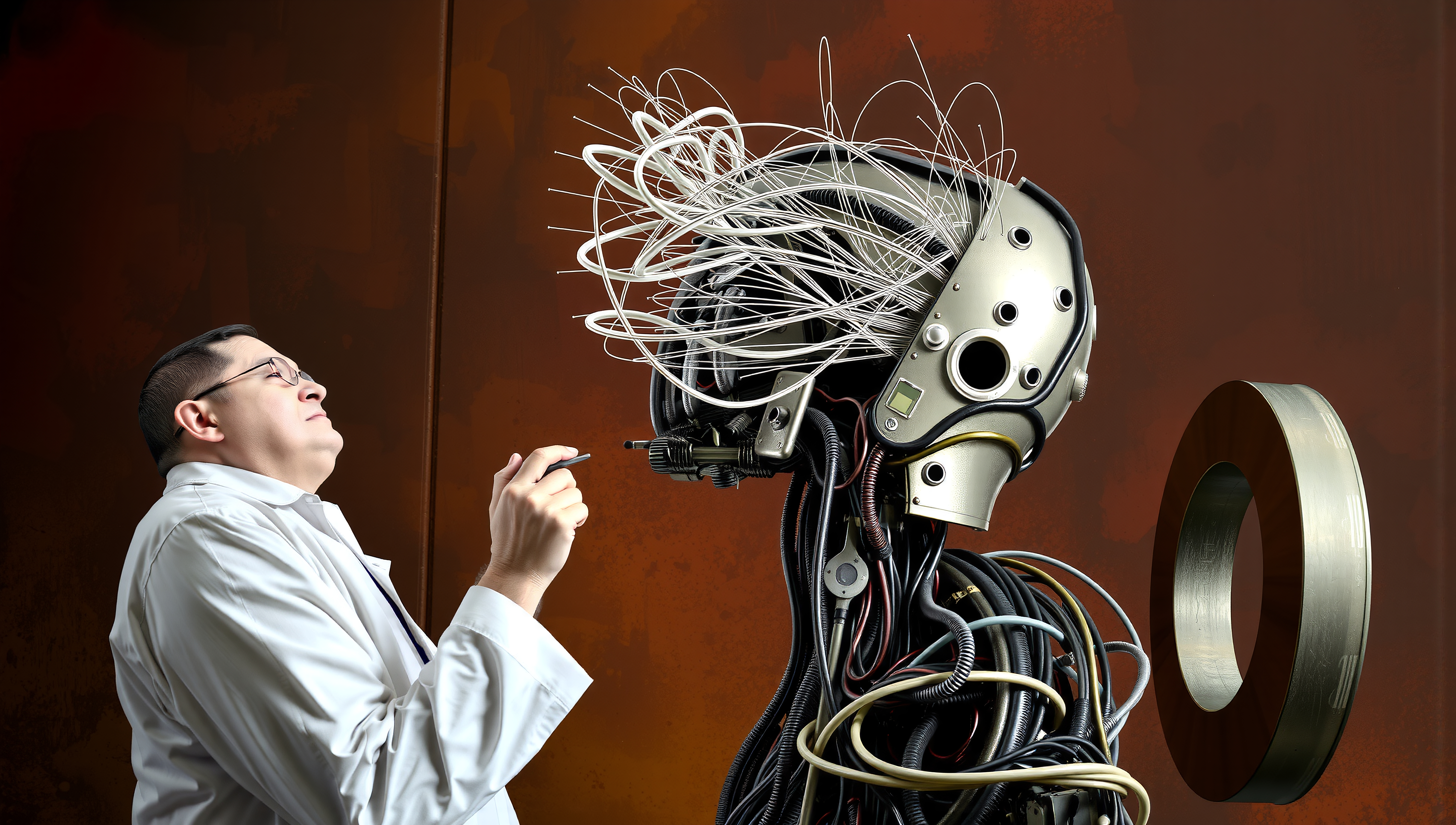 Futuristic humanoid robot examined by scientist in lab.